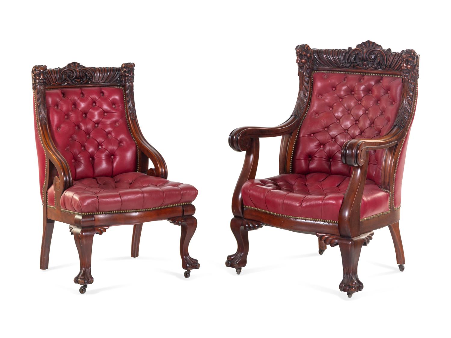 A Renaissance Revival Carved Mahogany Gentleman's and Lady's Chair Set