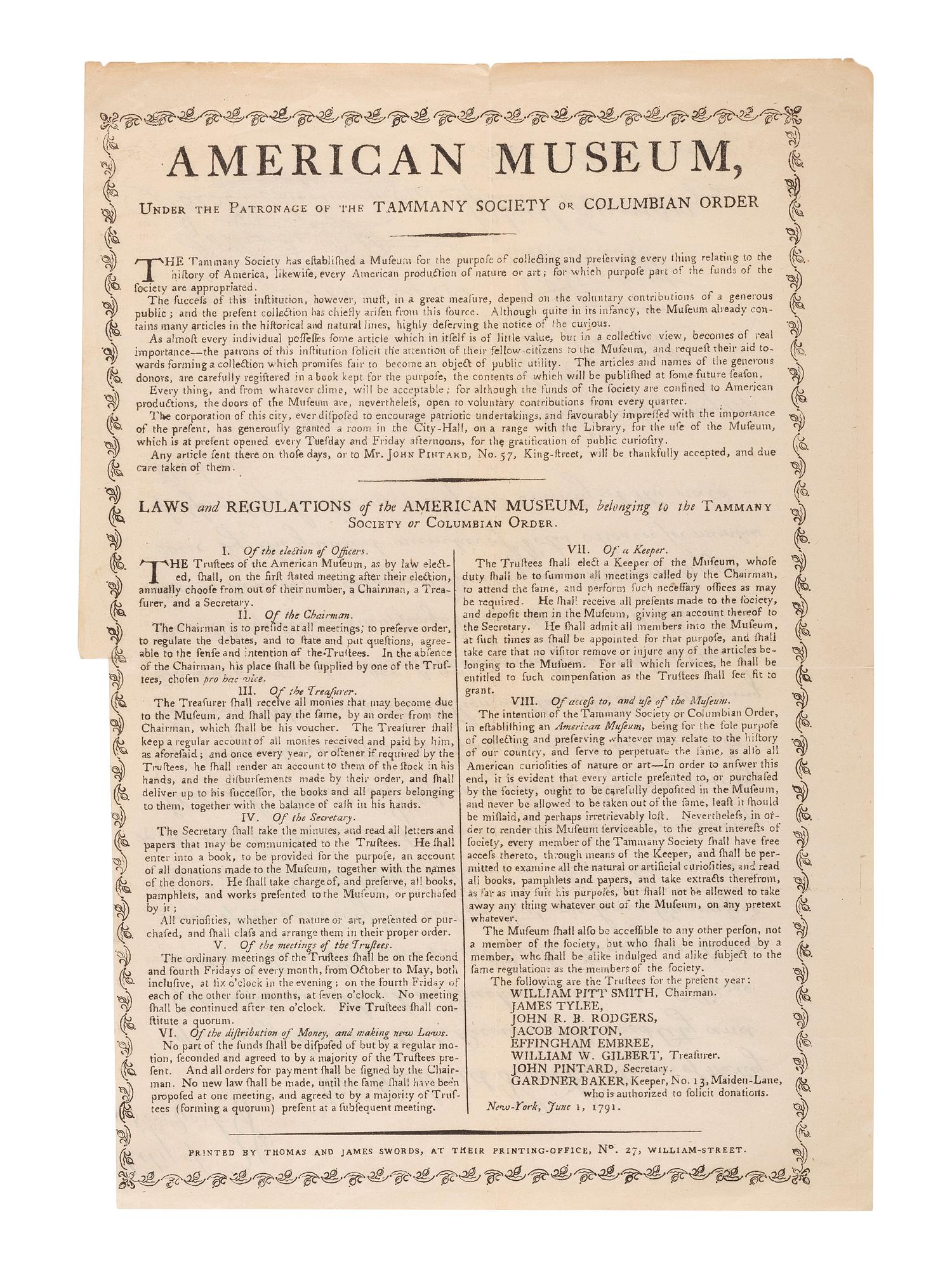 [MUSEUMS]. American Museum, Under the Patronage of the Tammany Society or Columban Order. [Process facsimile broadside, ca 1860, after New York: Thomas and James Swords, June 1791].