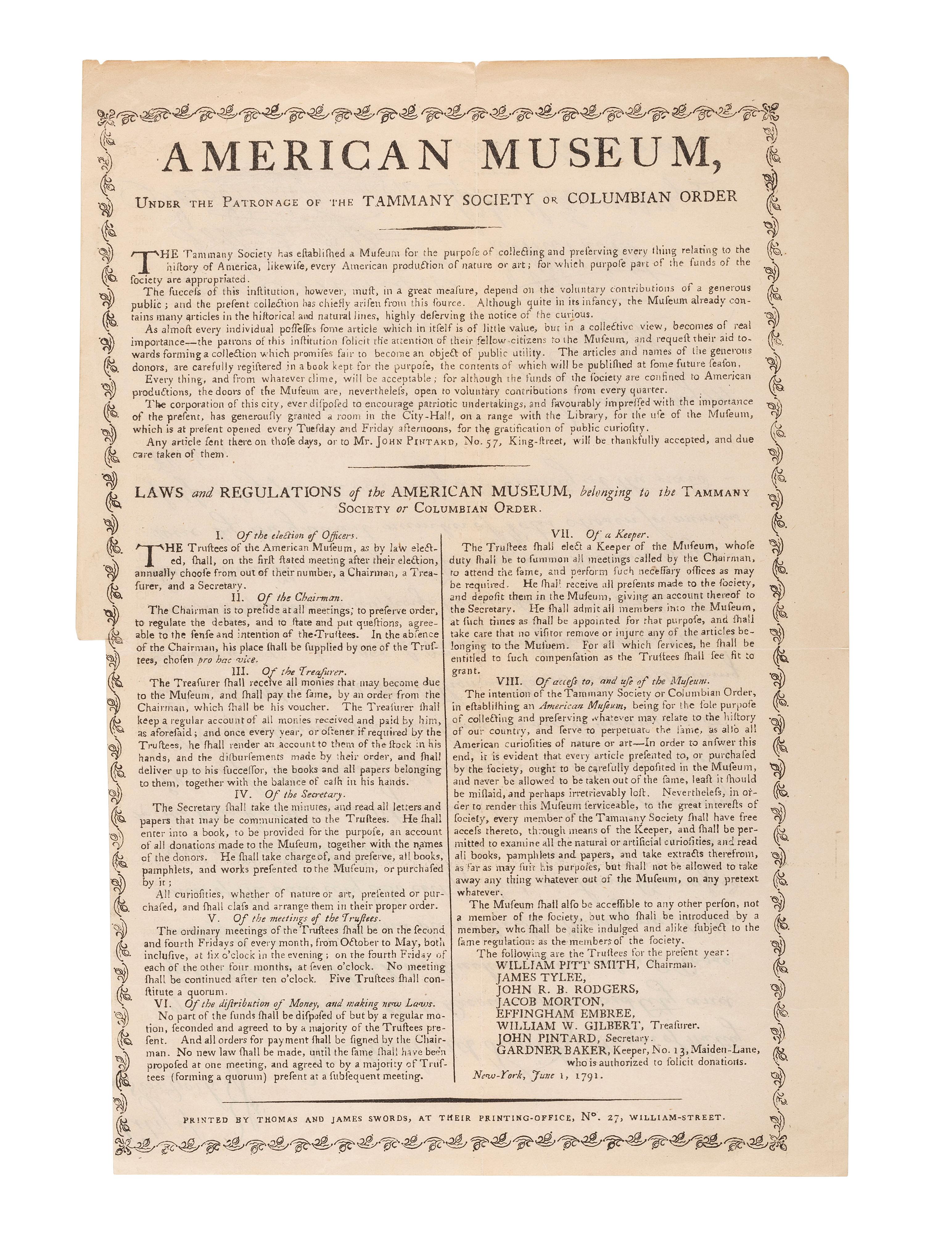 [MUSEUMS]. American Museum, Under the Patronage of the Tammany Society or Columban Order. [Process facsimile broadside, ca 1860, after New York: Thomas and James Swords, June 1791].
