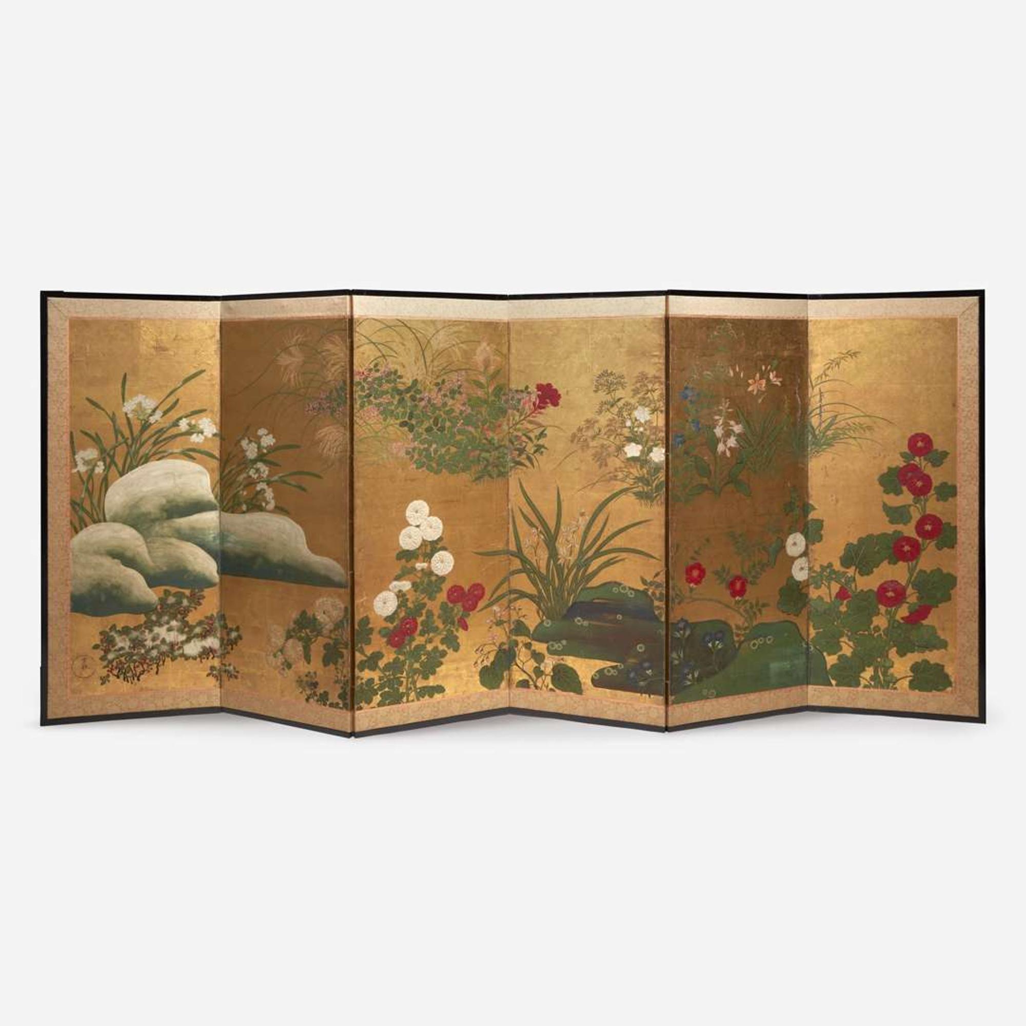 A Japanese six panel folding screen 18th Century, Rimpa Style