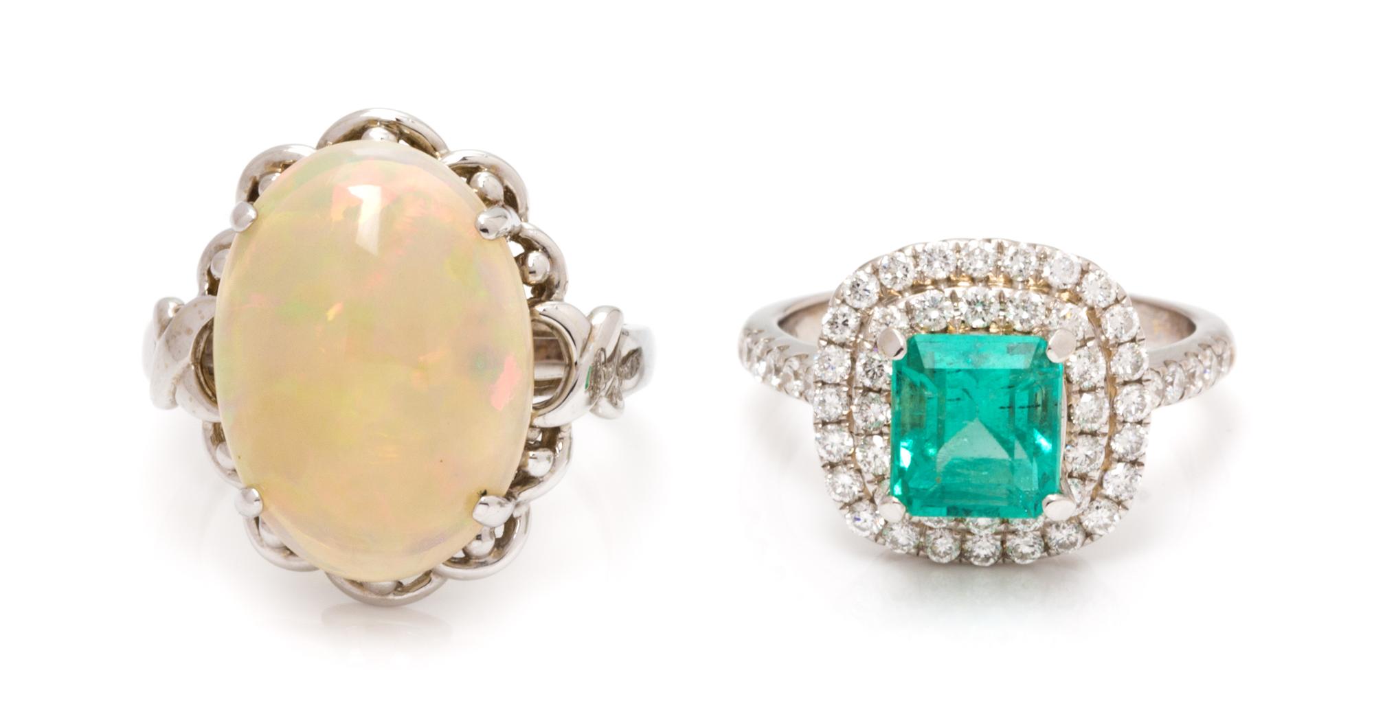 A Collection of White Gold, Opal, Green Beryl and Diamond Rings, 7.60 dwts.