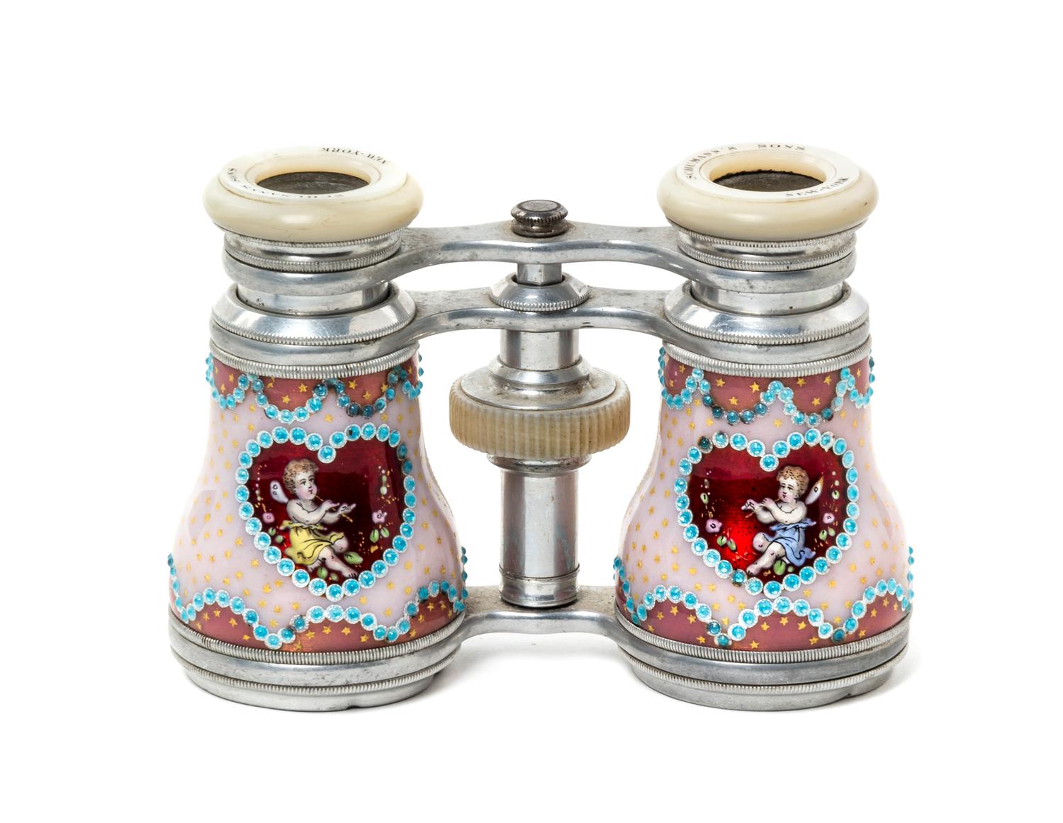 A Pair of French Enameled Opera Glasses, retailed by Schumann's Sons, Width 4 inches.