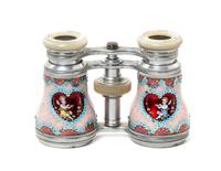 A Pair of French Enameled Opera Glasses, retailed by Schumann's Sons, Width 4 inches.