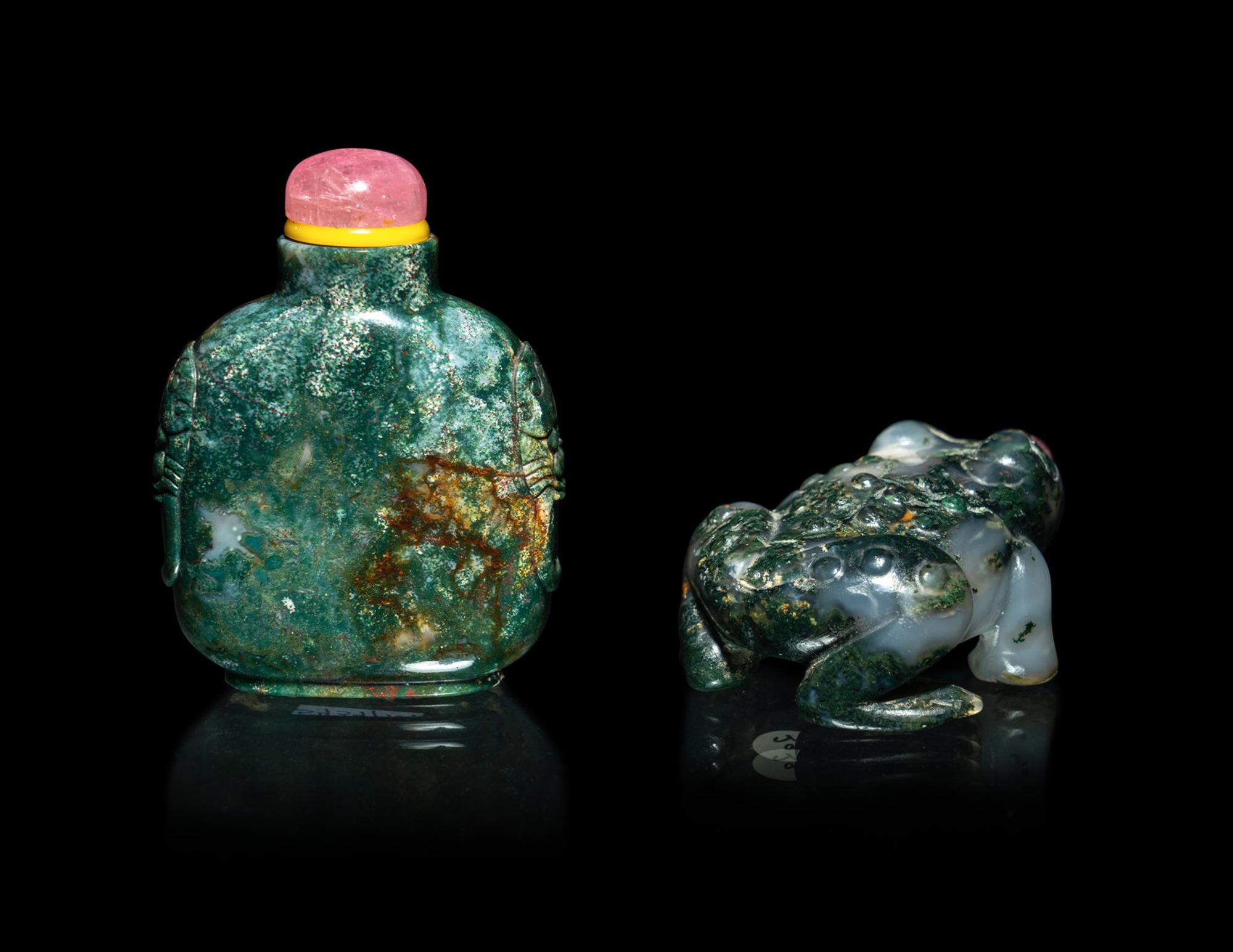 Two Chinese Moss Agate Snuff Bottles