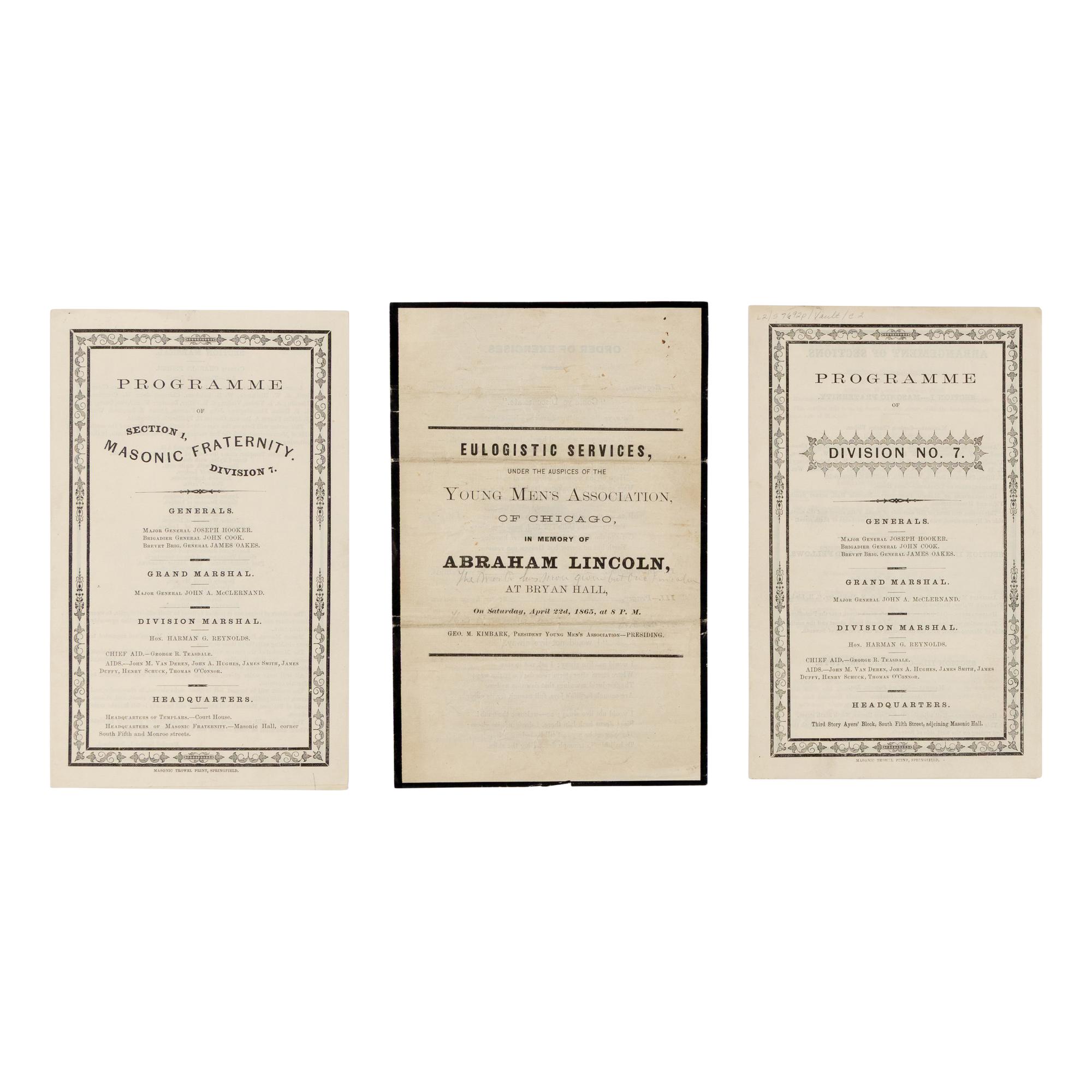 [LINCOLN FUNERAL]. A group of 3 funeral programs printed in Illinois, comprising: