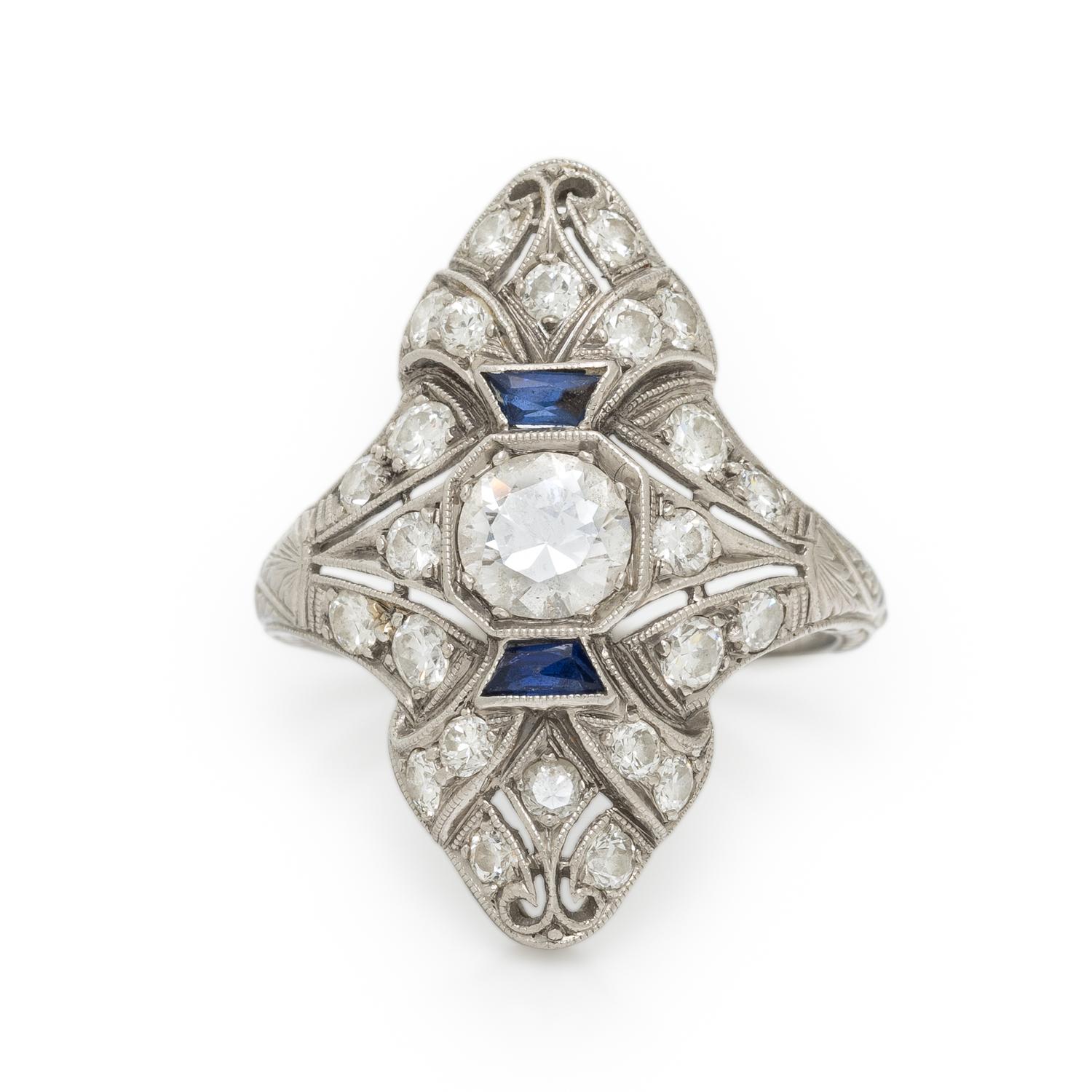 ART DECO, DIAMOND AND PLATINUM NAVETTE RING