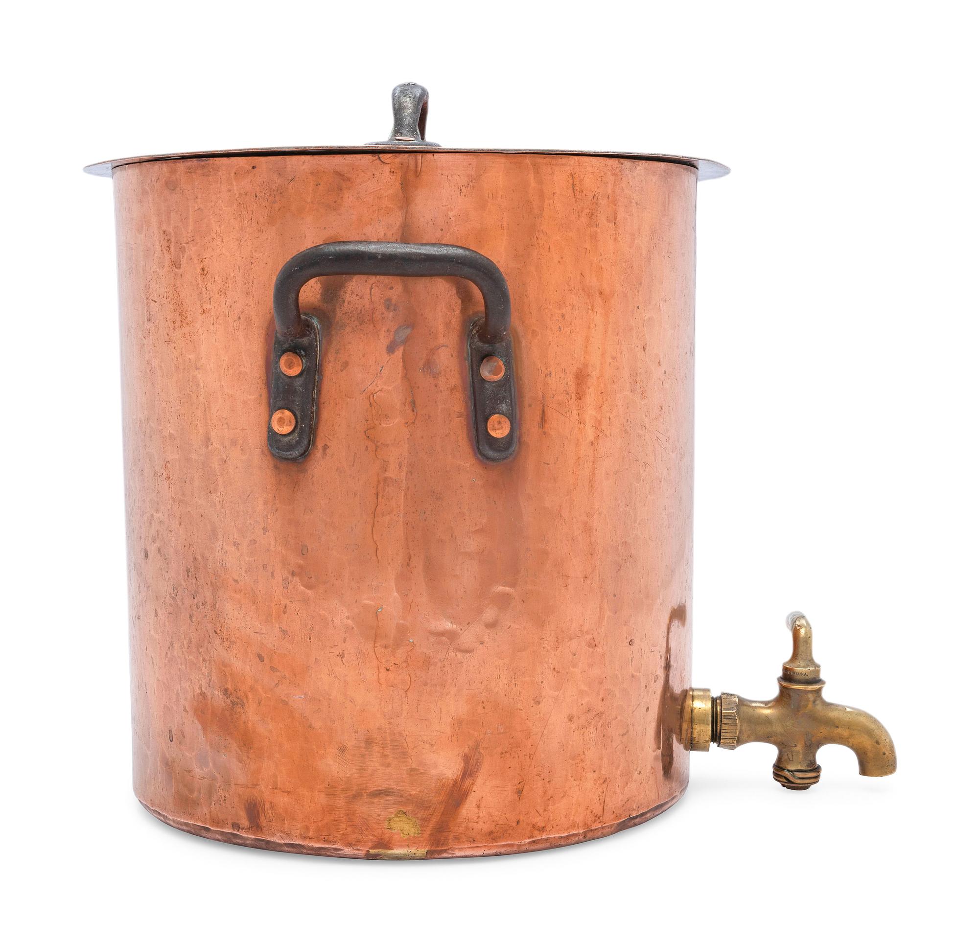 An American Copper Stock Pot with Cover and Faucet