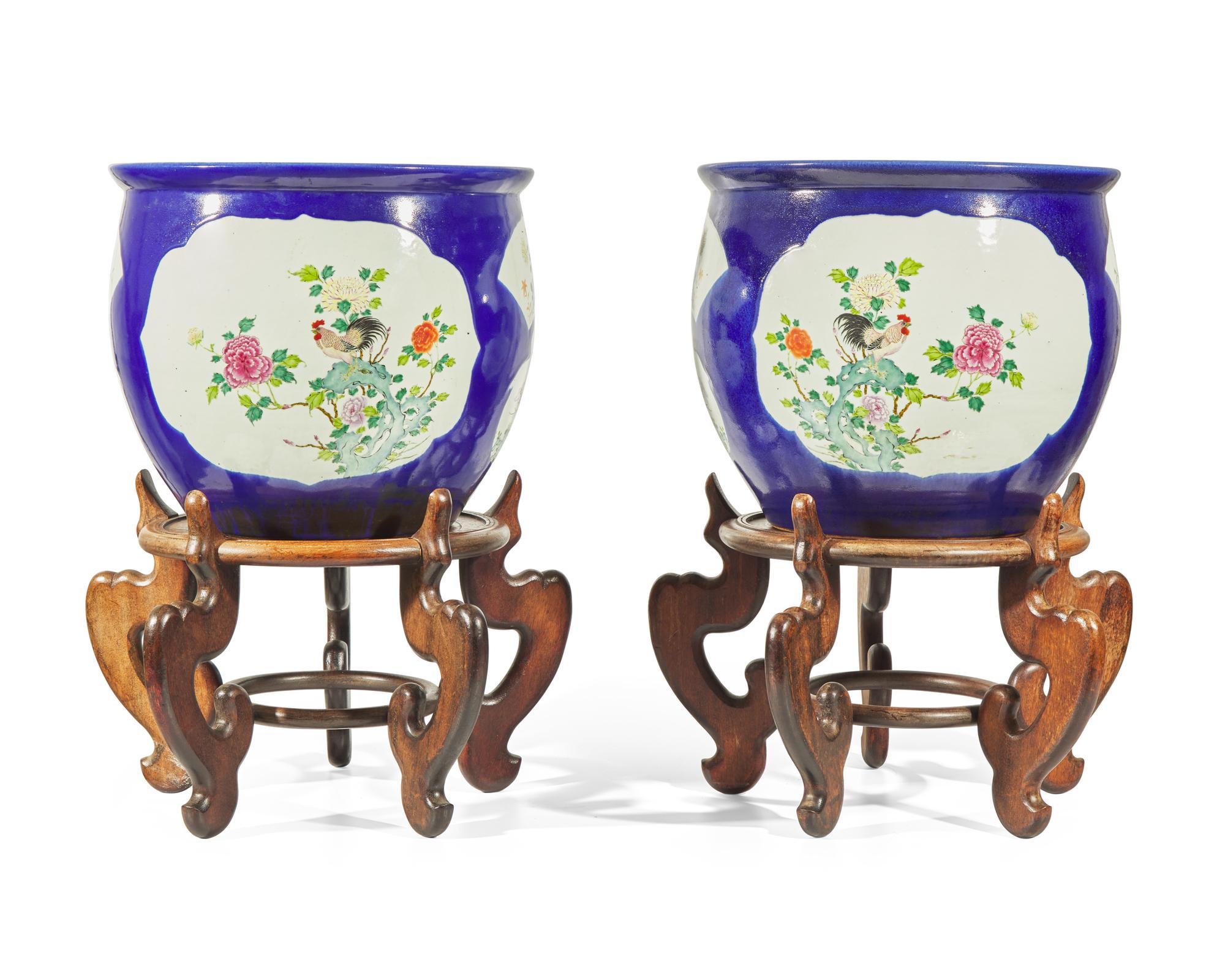 A pair of large Chinese Famille Rose-decorated cobalt-ground jardinières, late Qing to Republic period
