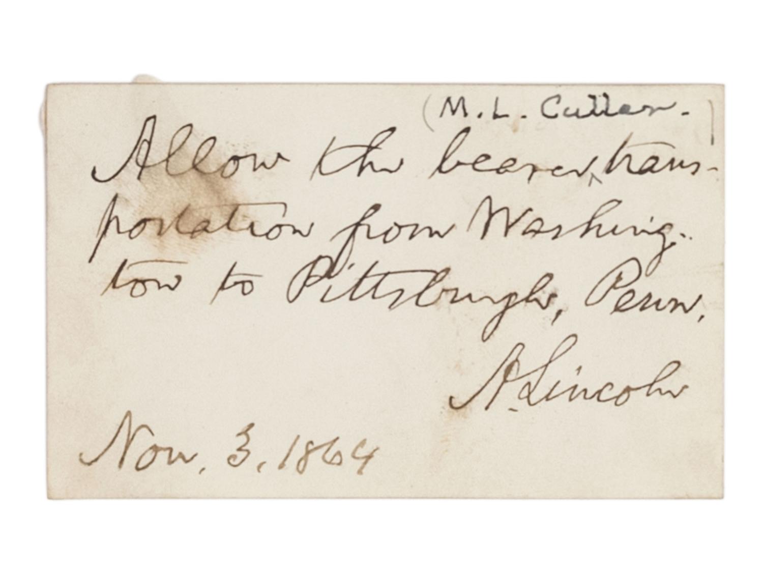 LINCOLN, Abraham (1809-1865). Autograph note signed ("A. Lincoln"). [Washington, D. C.?], 3 Nov, 1864.