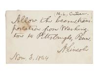 LINCOLN, Abraham (1809-1865). Autograph note signed ("A. Lincoln"). [Washington, D. C.?], 3 Nov, 1864.