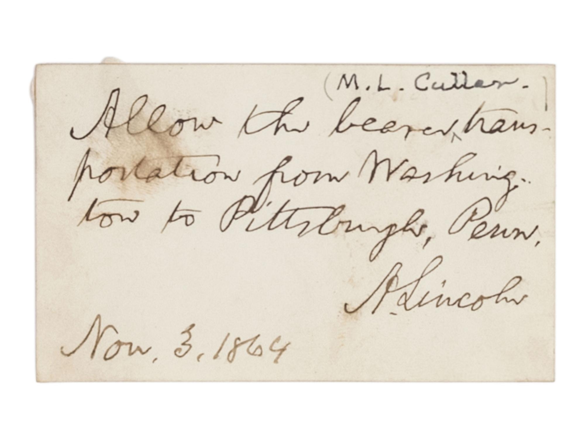LINCOLN, Abraham (1809-1865). Autograph note signed ("A. Lincoln"). [Washington, D. C.?], 3 Nov, 1864.