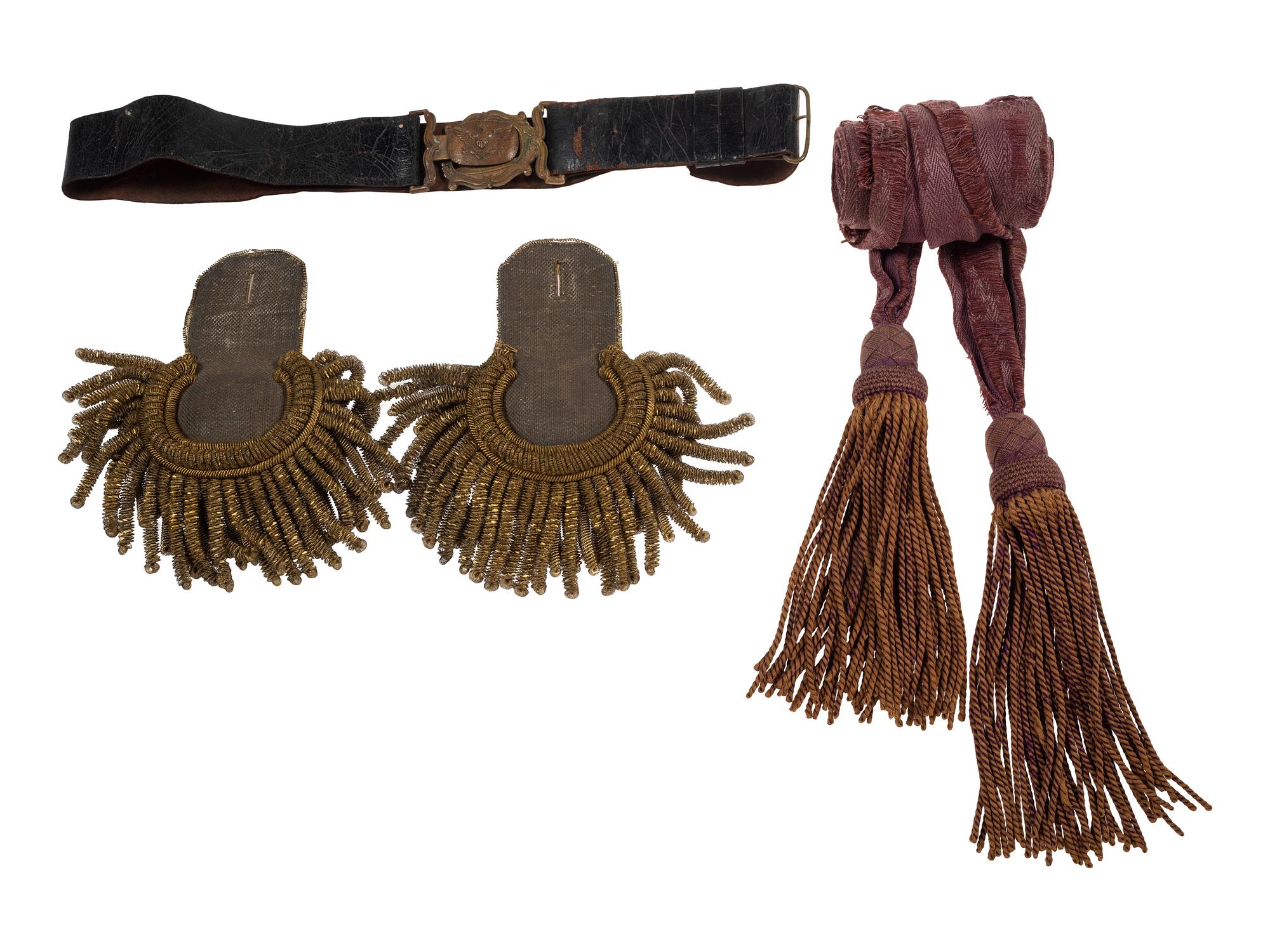 [MILITIA]. A group of pre-Civil War items, including ca 1850s militia belt and belt plate, officer's sash, and epaulettes.