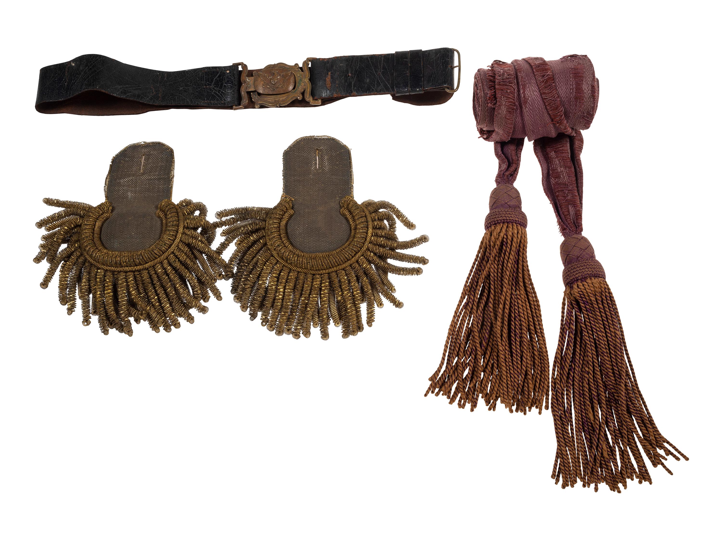 [MILITIA]. A group of pre-Civil War items, including ca 1850s militia belt and belt plate, officer's sash, and epaulettes.