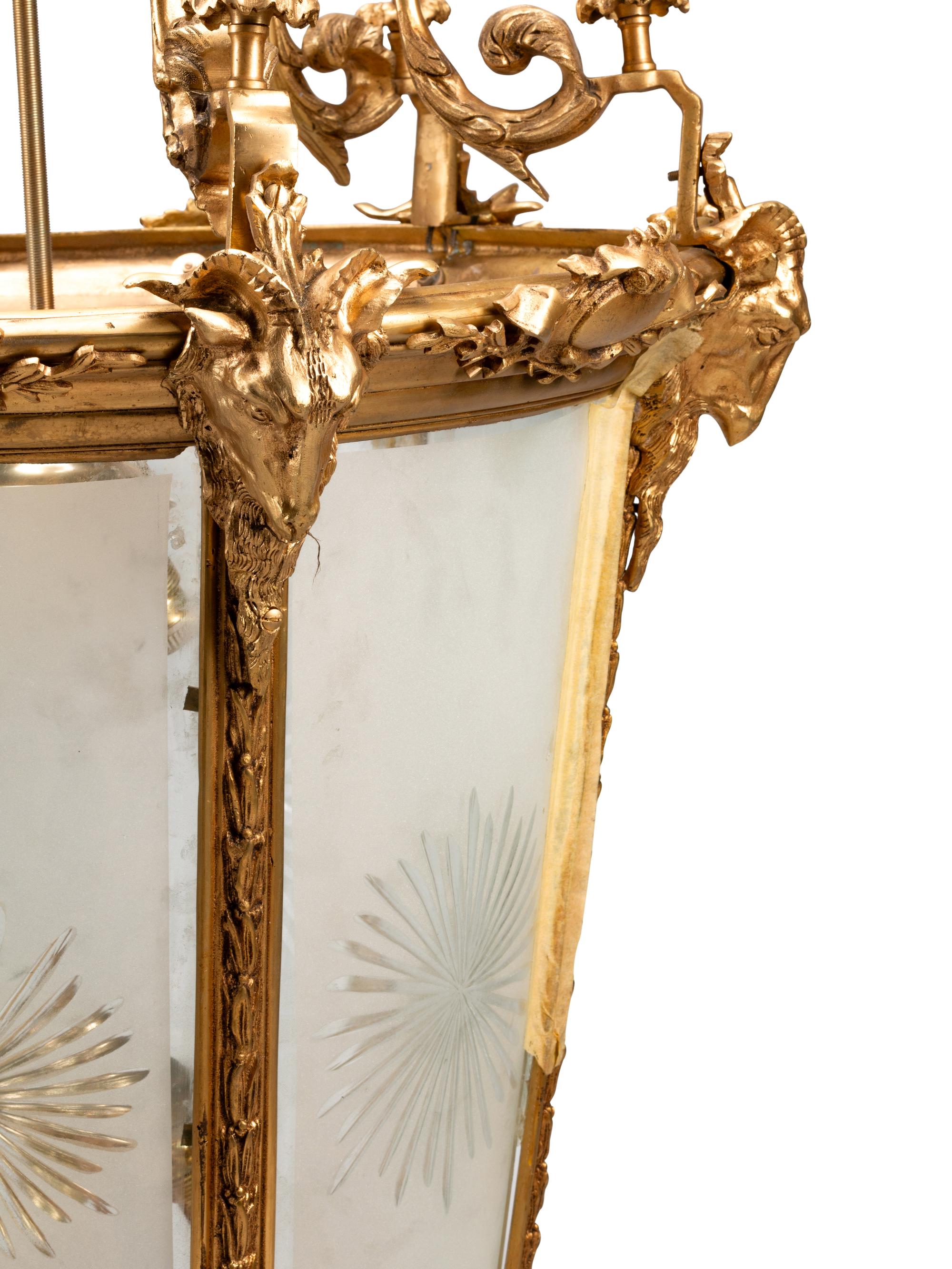 A Large Neoclassical Style Gilt Bronze and Etched Glass Hall Lantern