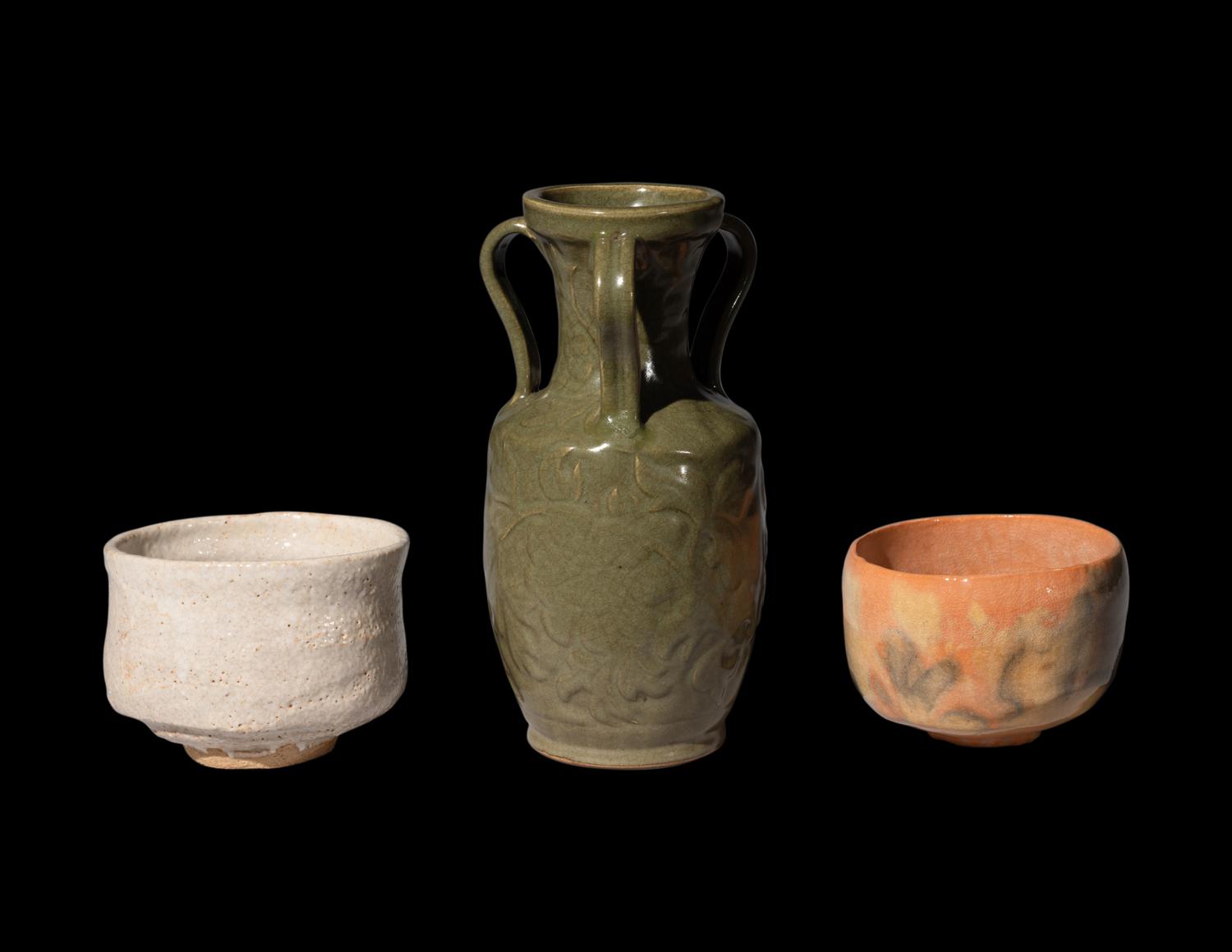 Three Japanese Glazed Stoneware Vessels