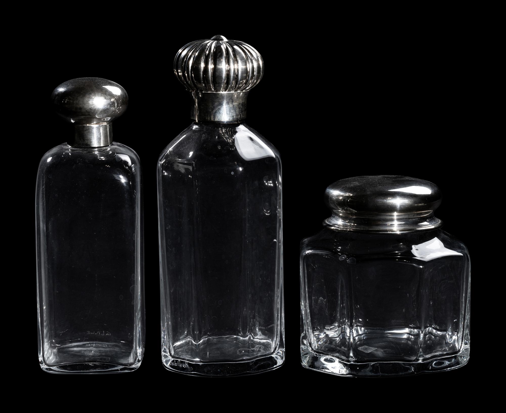 Three Silver Mounted Murano Glass Decanters