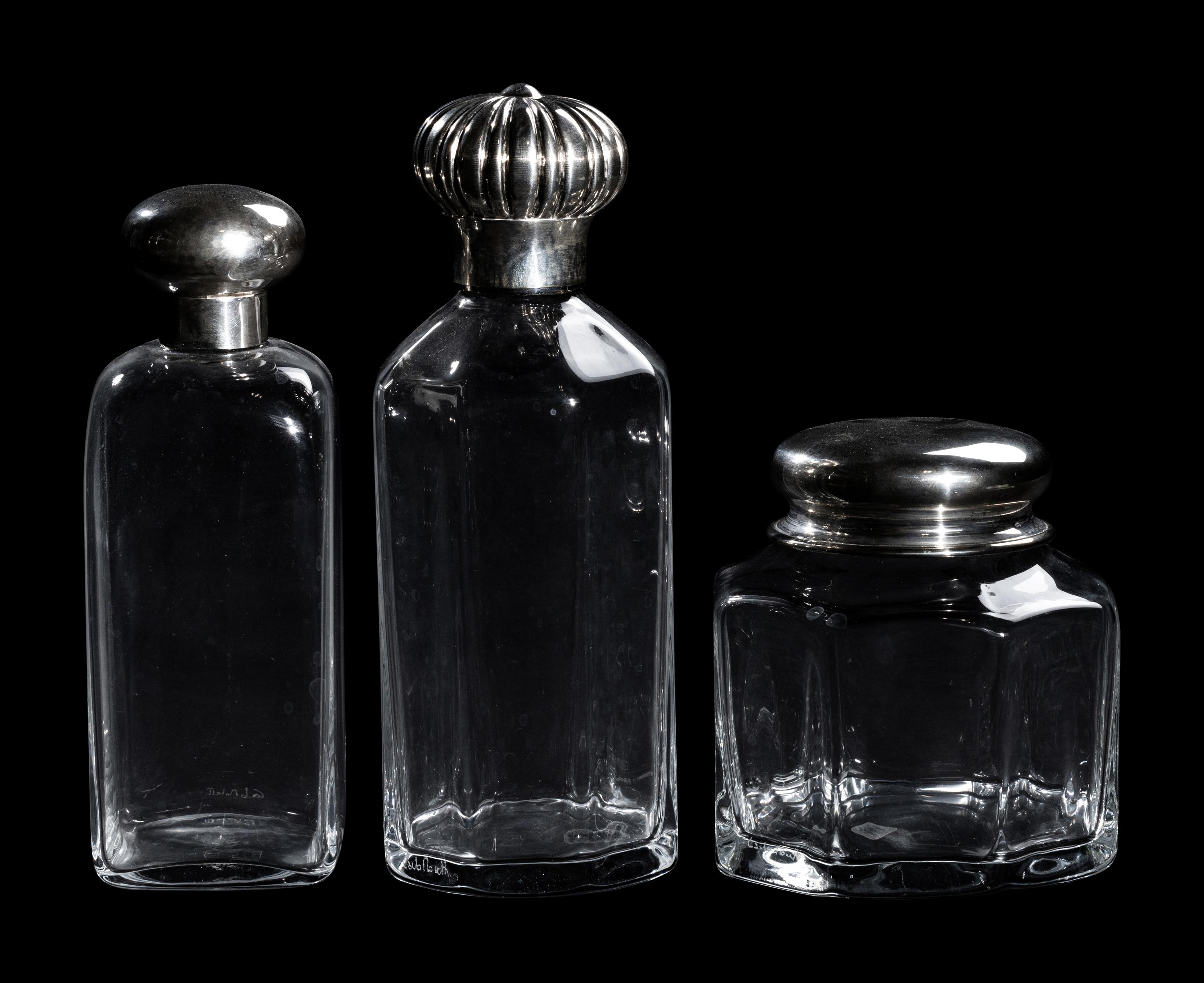 Three Silver Mounted Murano Glass Decanters