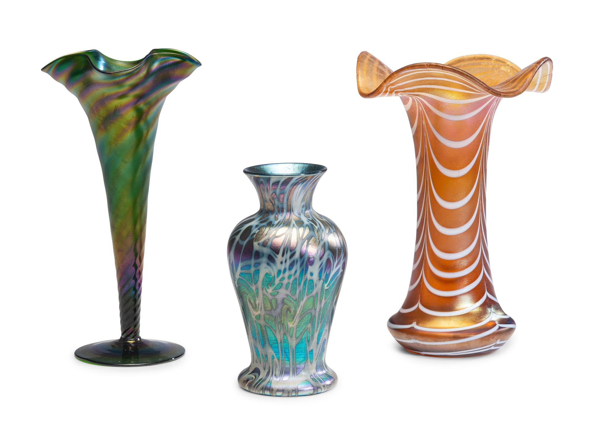 Three Iridescent Art Glass Vases