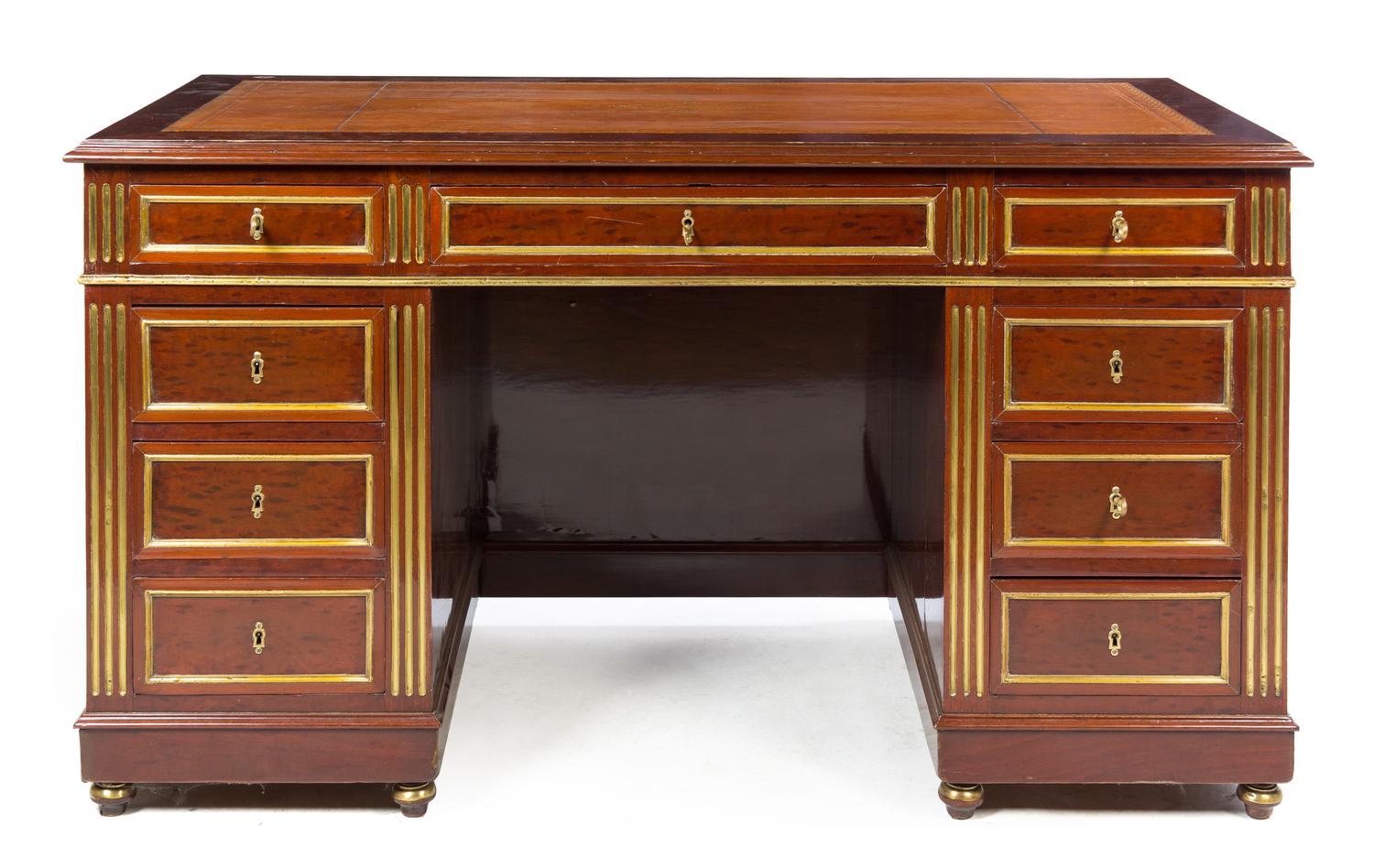 A Russian Neoclassical Brass Inlaid Mahogany Pedestal Desk Height 32 x width 56 3/4 x depth 29 1/4 inches.