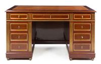 A Russian Neoclassical Brass Inlaid Mahogany Pedestal Desk Height 32 x width 56 3/4 x depth 29 1/4 inches.