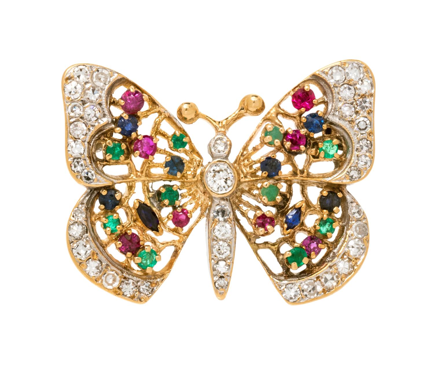 A Yellow Gold, Diamond, Ruby, Emerald and Sapphire Butterfly Brooch,