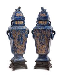 A Pair of Chinese Inlaid and Engraved Lapis Lazuli-Veneered Vases and Covers