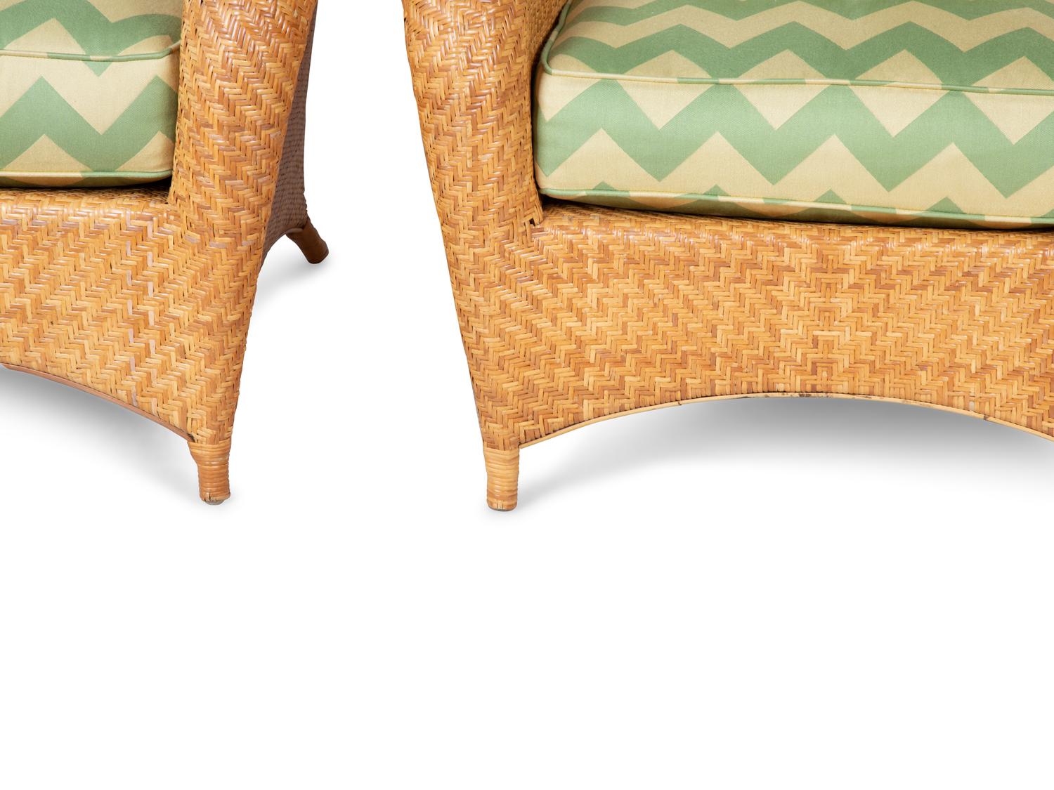 A Pair of Rattan Armchairs with Green Seat and Back Cushions — 20TH/21ST CENTURY