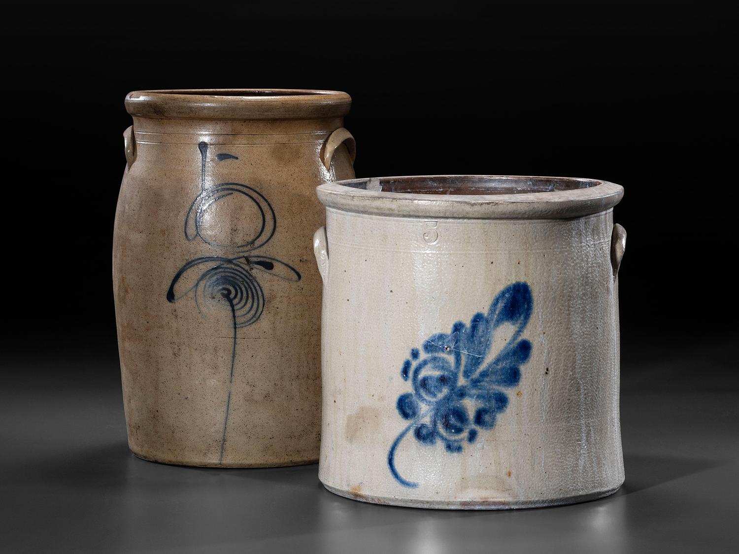 Two Cobalt Decorated Stoneware Vessels