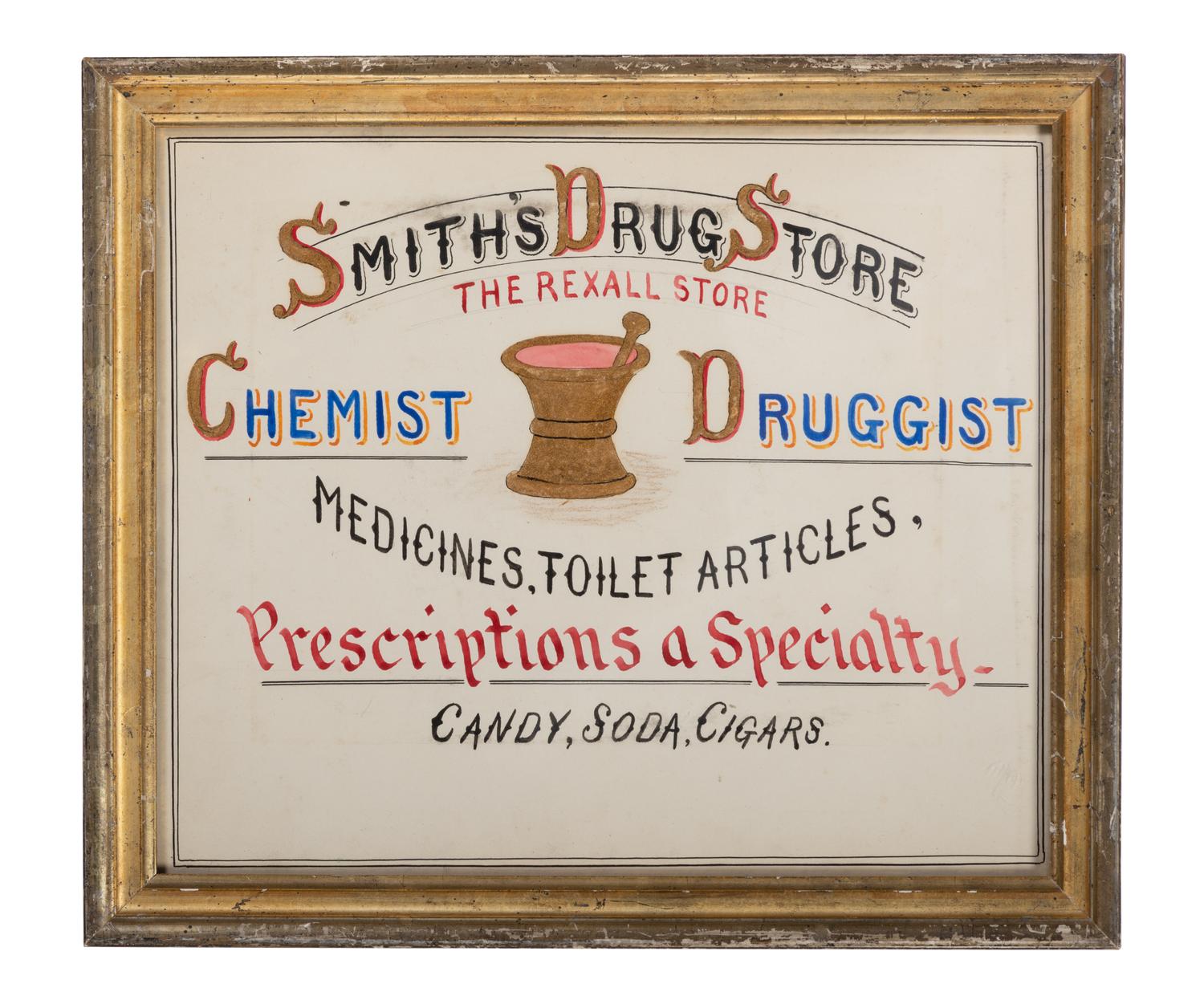 Five Framed Specialty Shop Advertising Hand Colored Prints and Watercolors