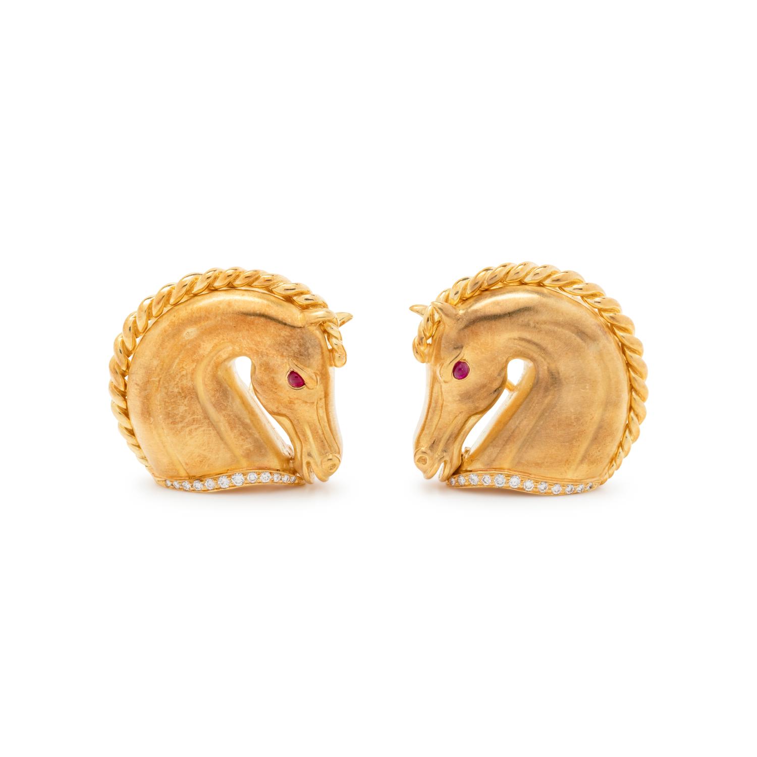 YELLOW GOLD, DIAMOND AND RUBY HORSE HEAD EARCLIPS