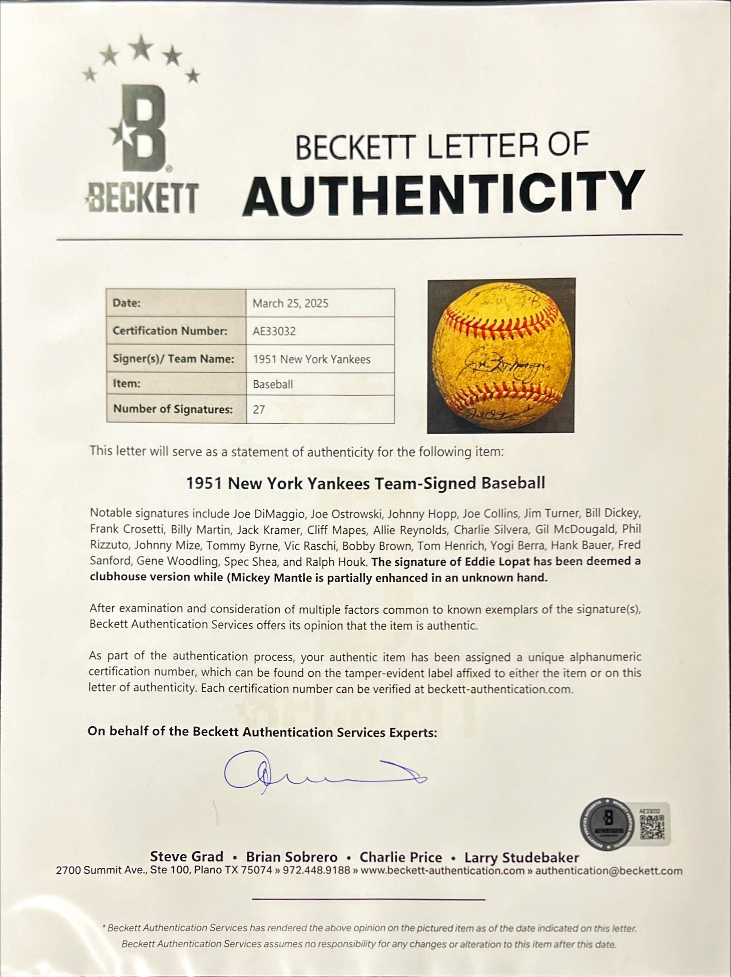 A 1951 World Series Champion New York Yankees Team Signed Autograph Baseball (Beckett Authentication Services) - 27 Signatures