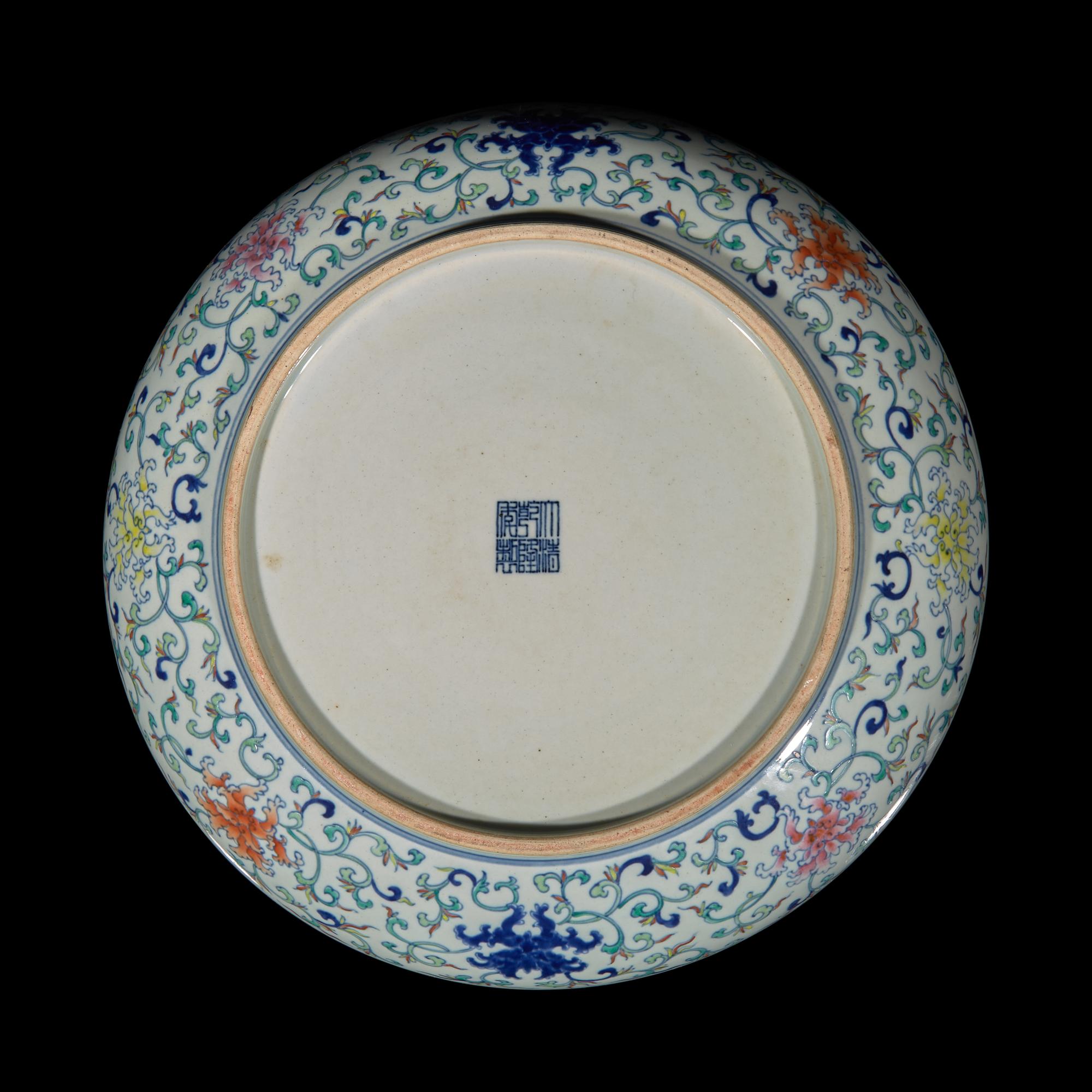 A Large Chinese Doucai Decorated Dish and a Clair de Lune Glazed Vase 斗彩八寶圖賞盤及天藍釉賞瓶