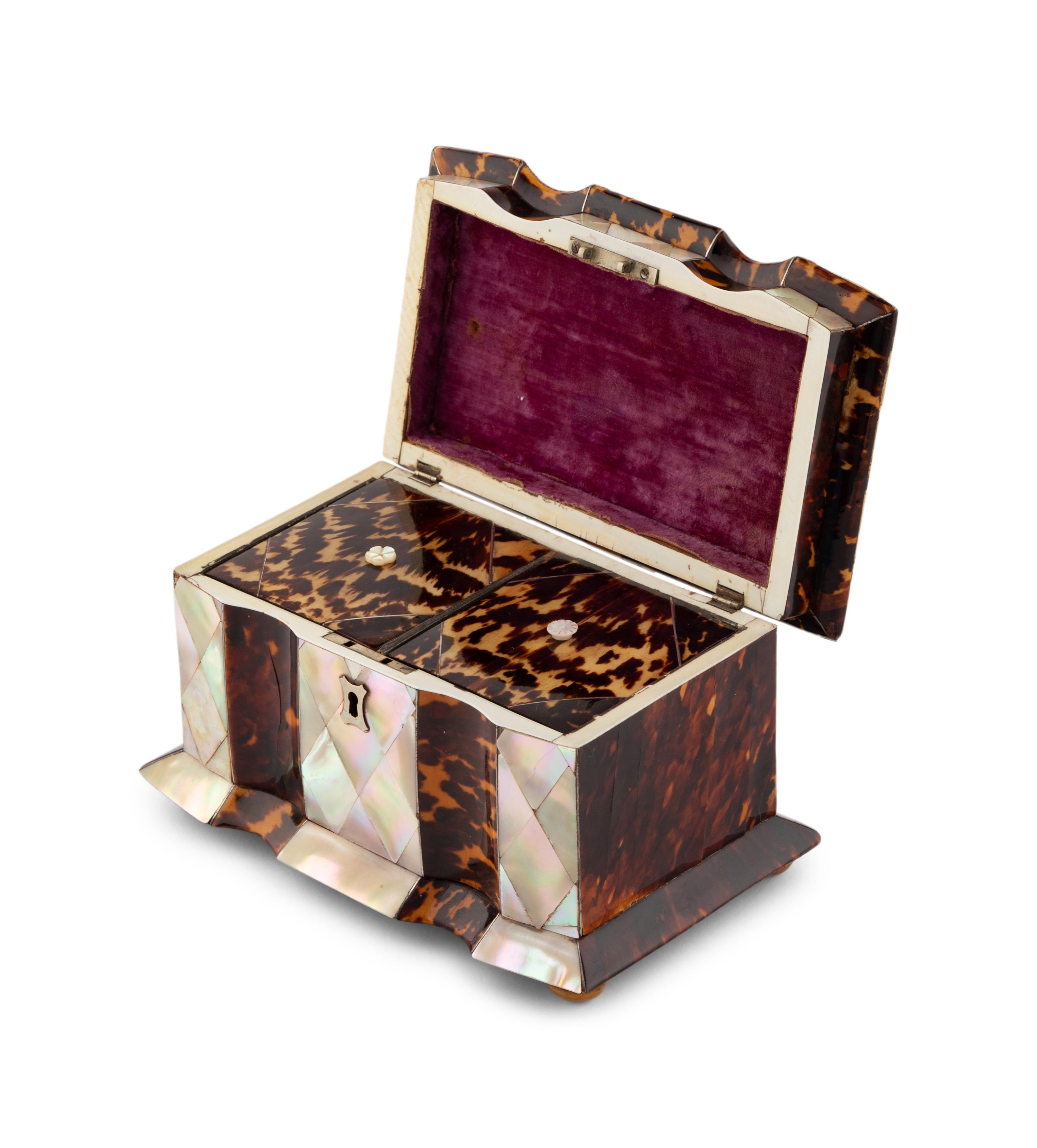A Regency Tortoise Shell and Mother-of-Pearl Tea Caddy
