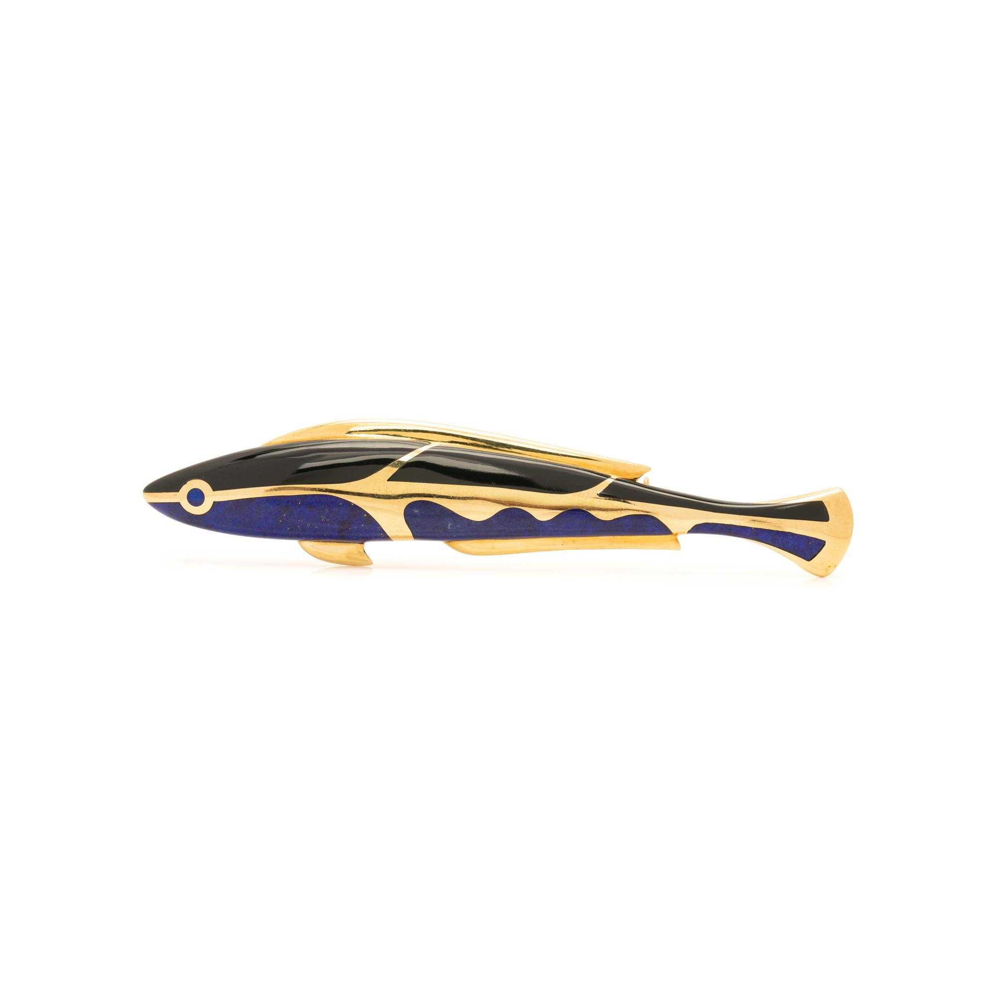 TIFFANY & CO., LAPIS LAZULI AND ONYX FISH BROOCH