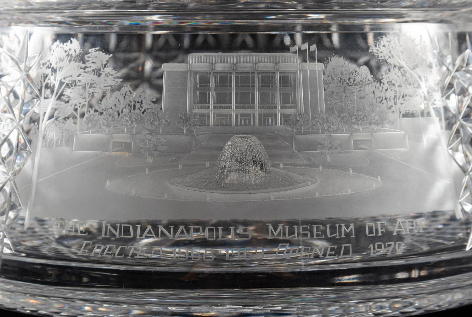 A Near Pair of Cut and Etched Glass Commemorative Covered Urns