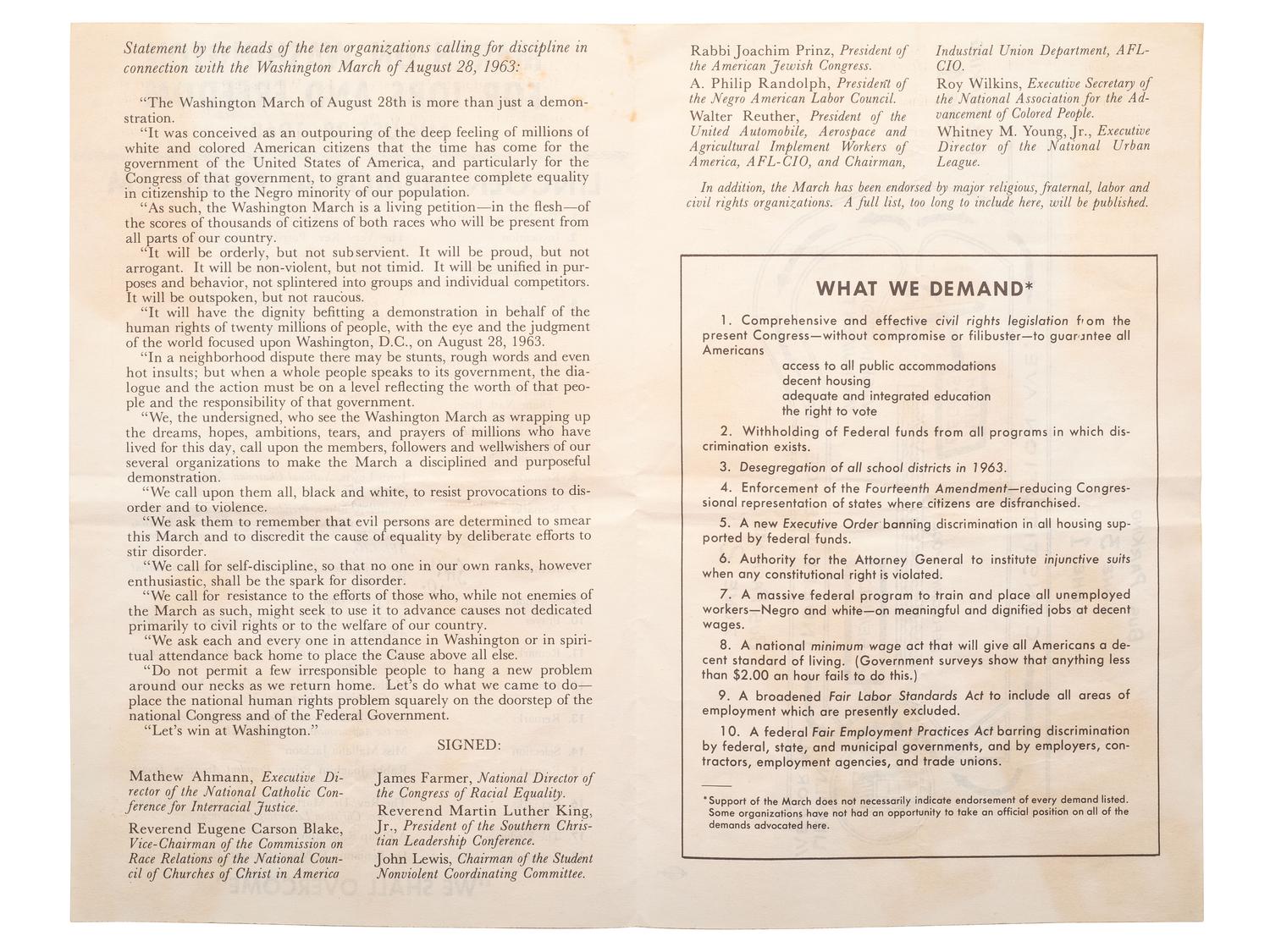 [CIVIL RIGHTS]. March on Washington for Jobs and Freedom, August 28, 1963: Lincoln Memorial Program . [Washington, DC], 1963.