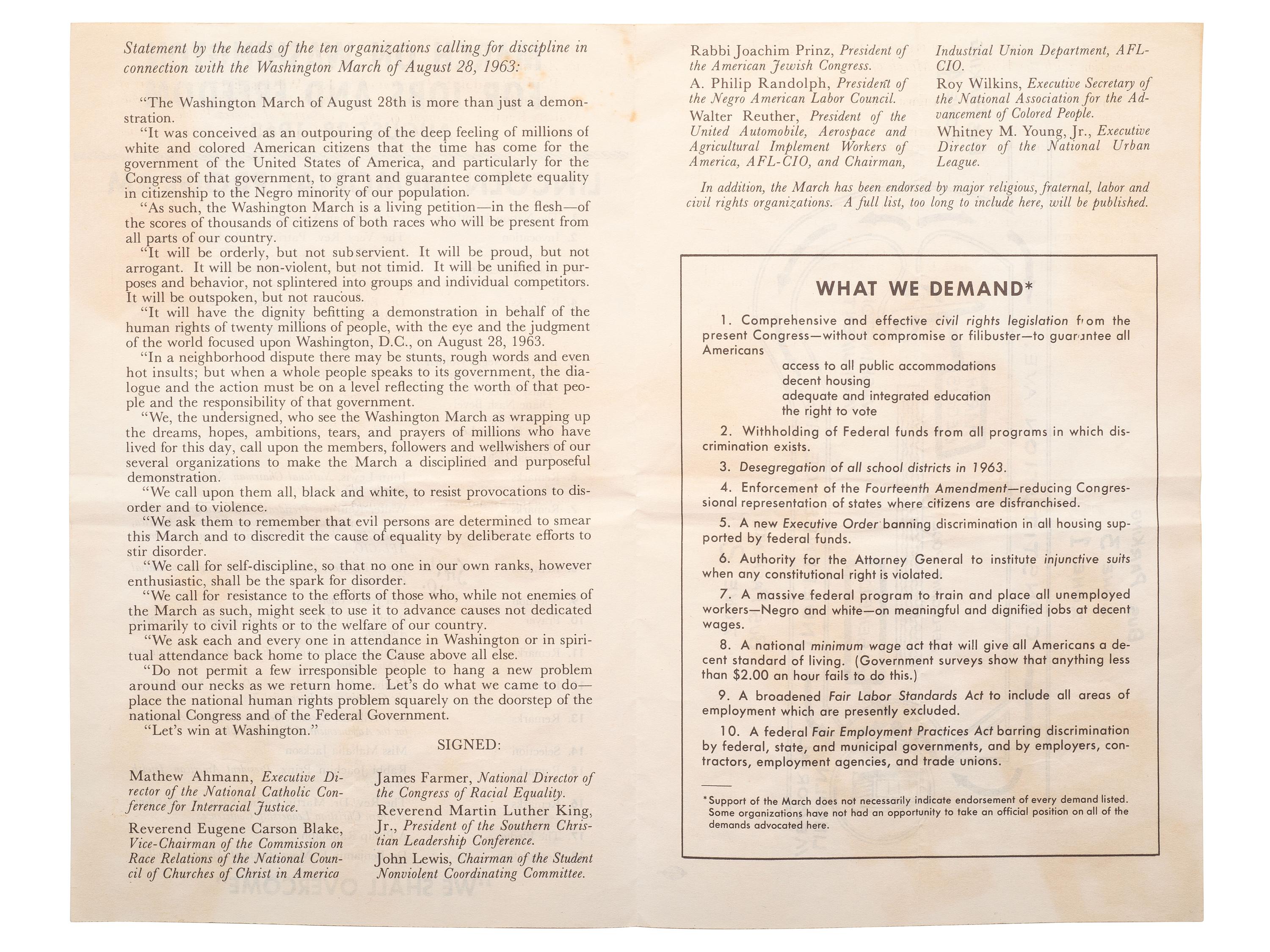 [CIVIL RIGHTS]. March on Washington for Jobs and Freedom, August 28, 1963: Lincoln Memorial Program . [Washington, DC], 1963.