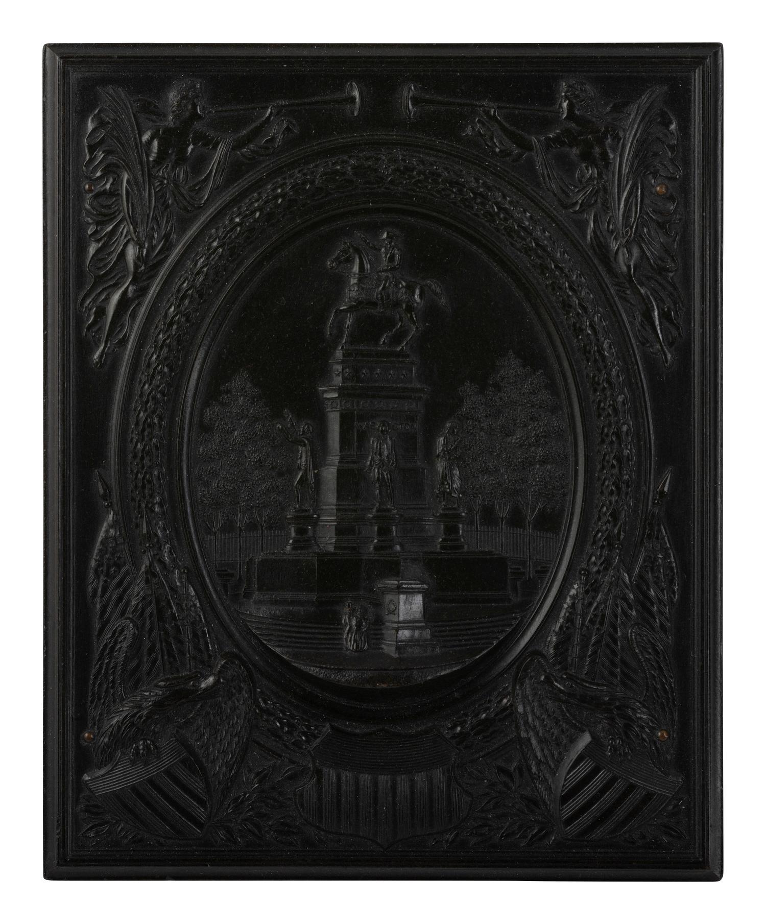 [EARLY PHOTOGRAPHY]. Half plate ambrotype of man on horseback with Washington Monument Union case.