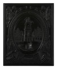 [EARLY PHOTOGRAPHY]. Half plate ambrotype of man on horseback with Washington Monument Union case.
