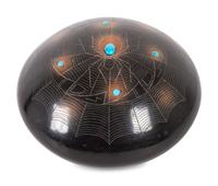 Black and Sienna Seed Jar, with Sgraffito Spiders and Turquoise Beads