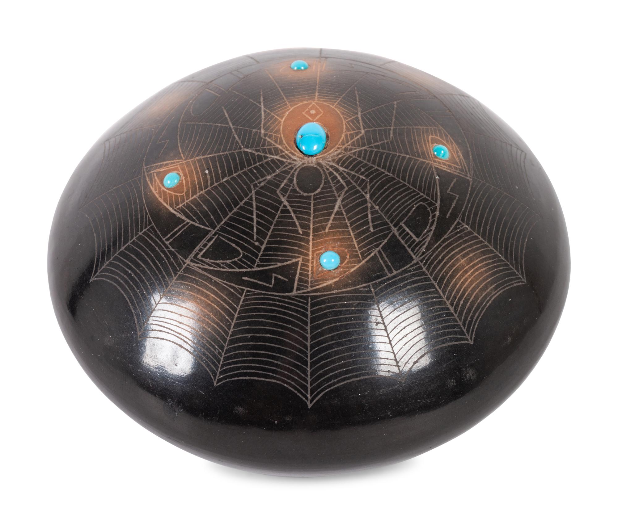 Black and Sienna Seed Jar, with Sgraffito Spiders and Turquoise Beads