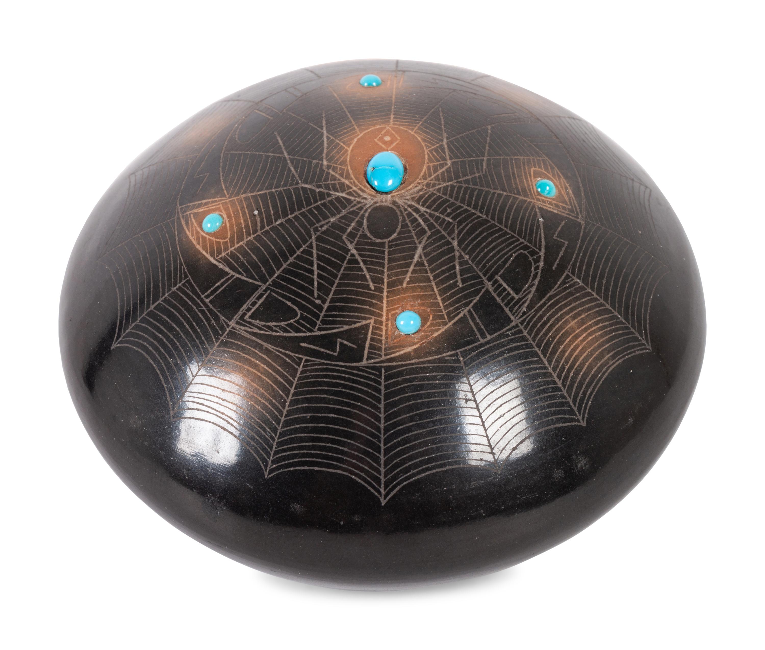 Black and Sienna Seed Jar, with Sgraffito Spiders and Turquoise Beads