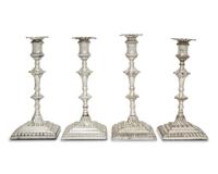 A Set of Four George III Weighted Sheffield Plate Candlesticks