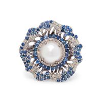 CULTURED PEARL, SAPPHIRE AND DIAMOND RING