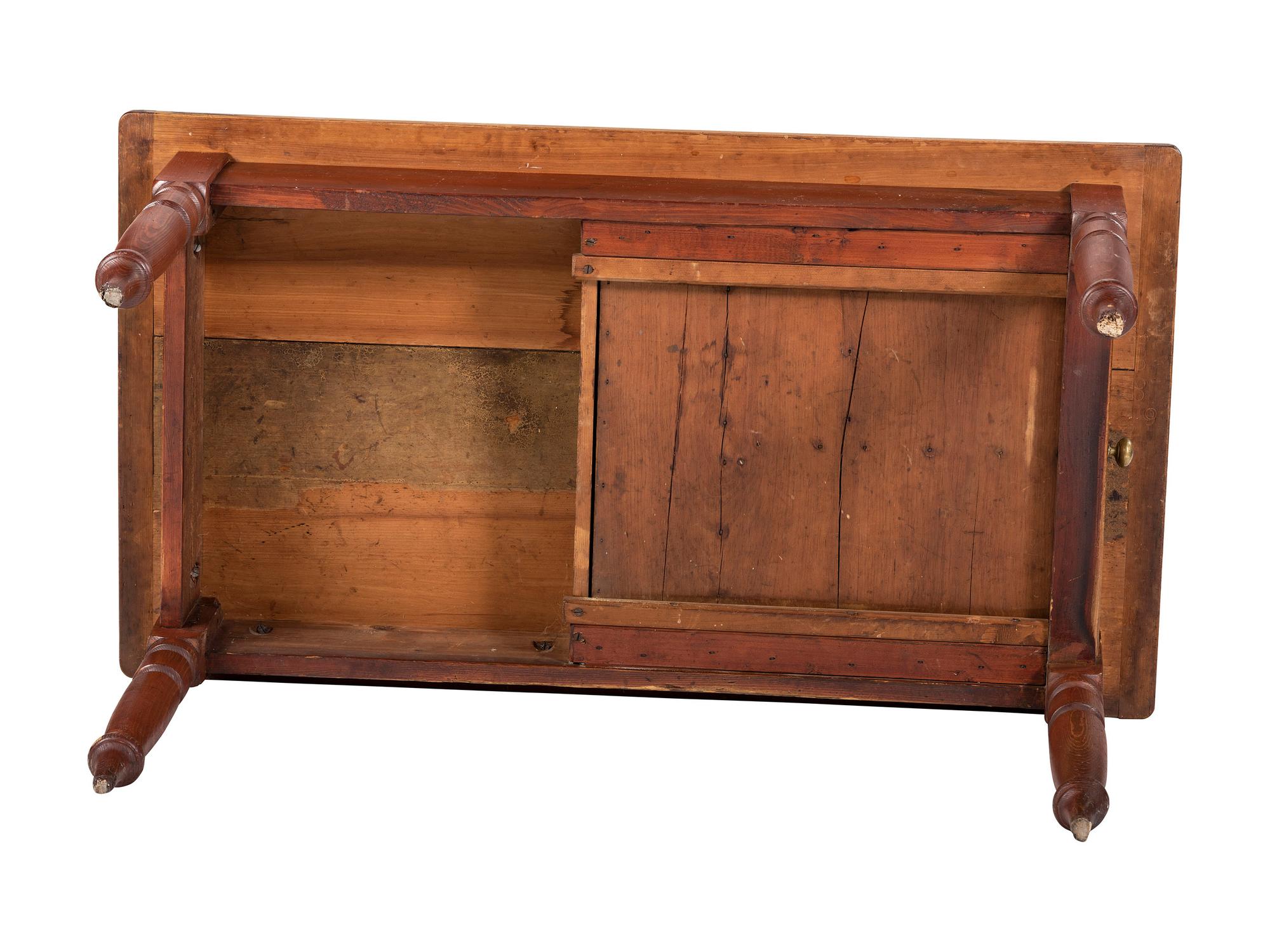 A Country Late Federal Red-Stained Pine Scrubbed Top One-Drawer Work Table
