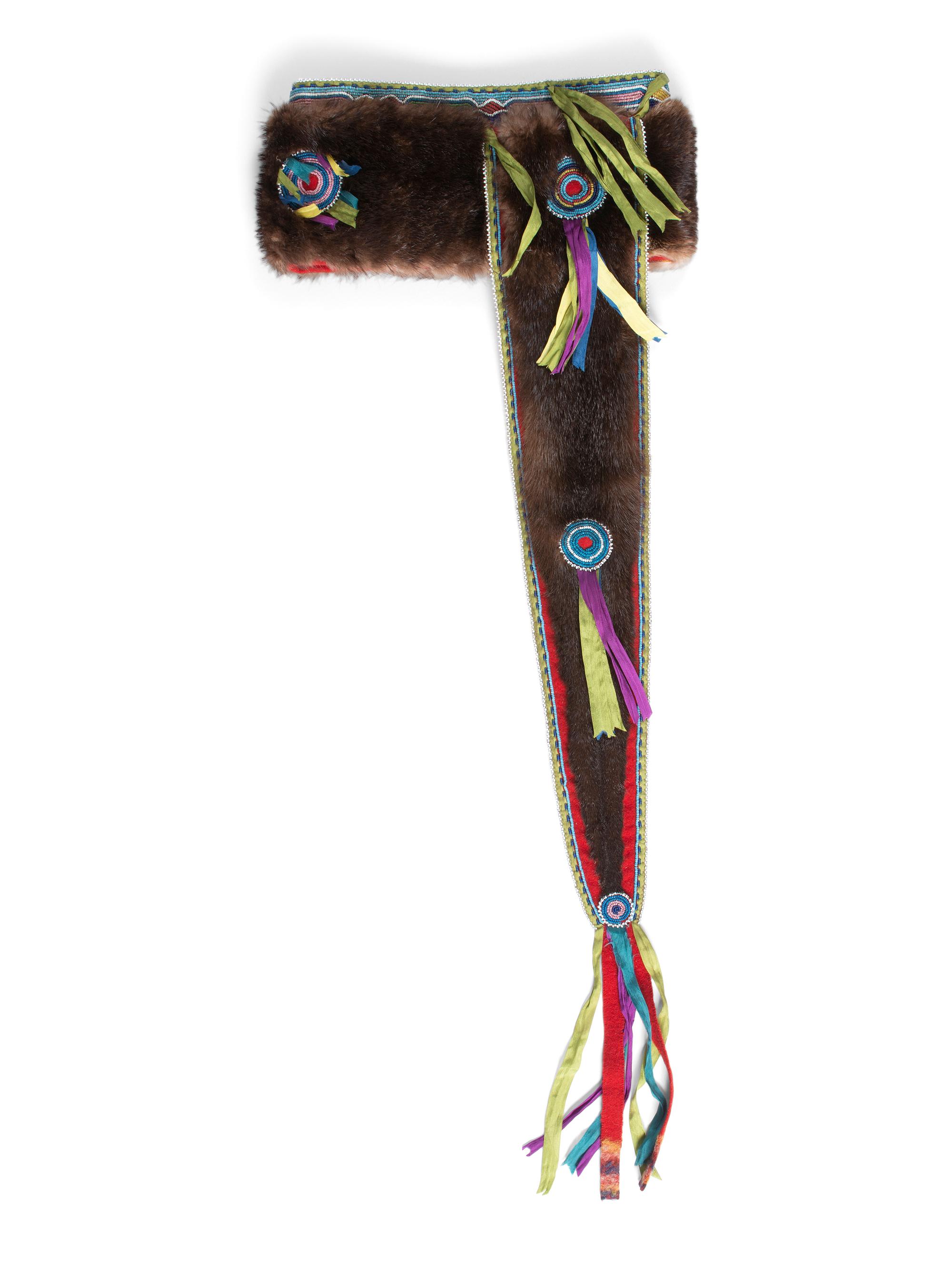 Osage Otter Fur Turban, with Beaded Rosettes and Rocker Engraved German Silver Concha