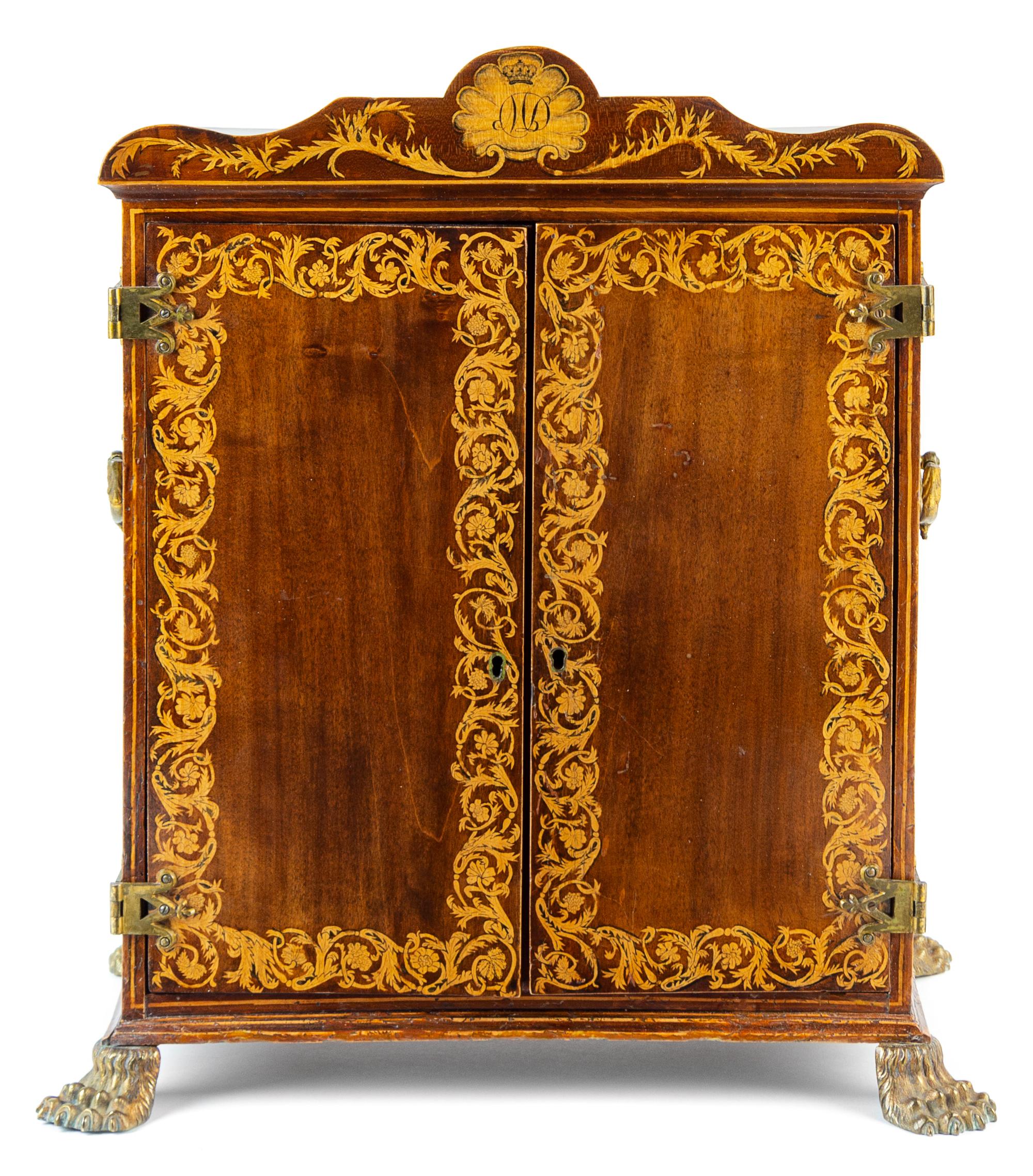 A Regency Marquetry and Mahogany Jewelry Cabinet Height 20 x width 17 3/4 x depth 11 3/4 inches. — 19TH CENTURY