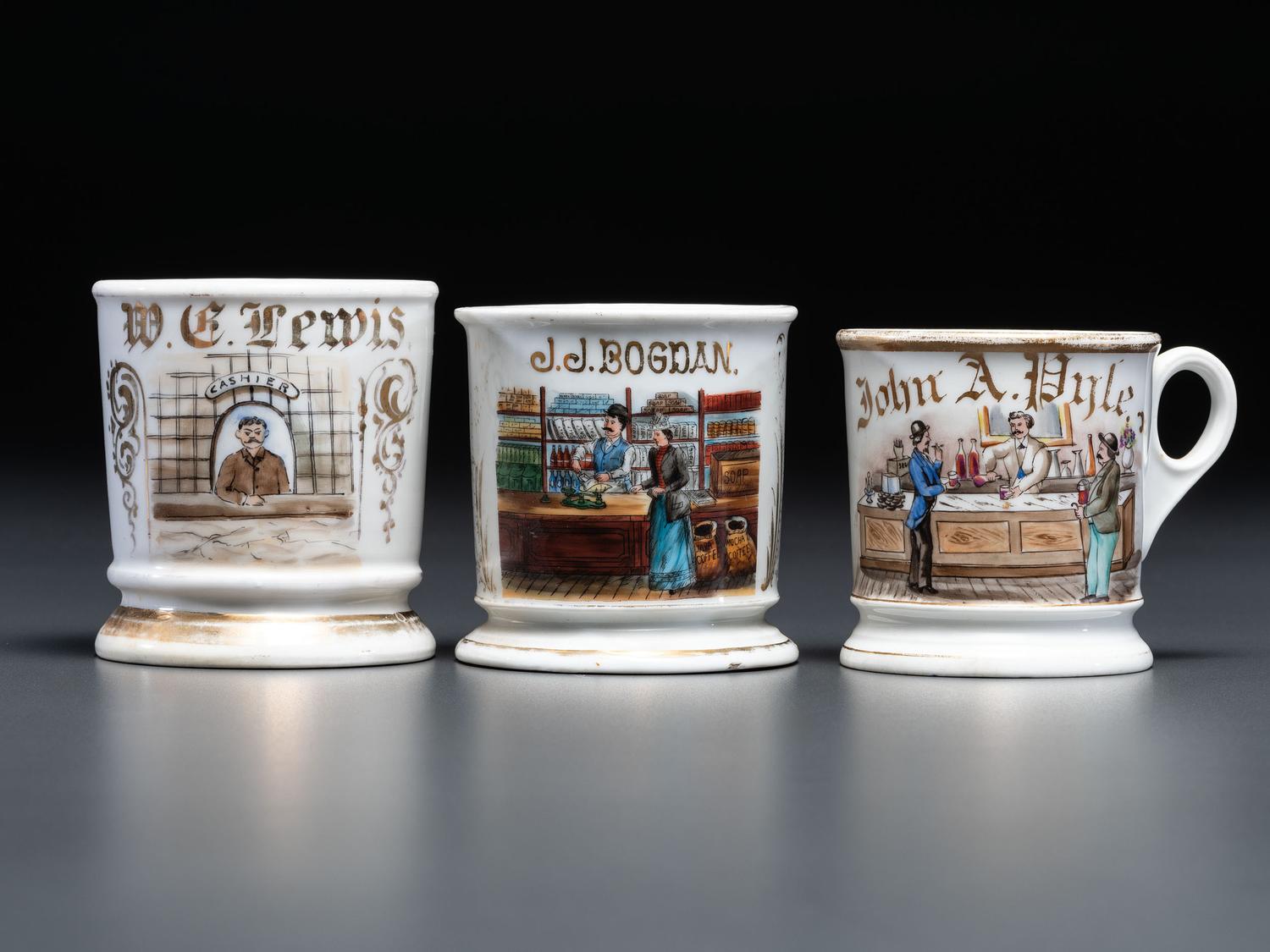 Three Porcelain Occupational Shaving Mugs