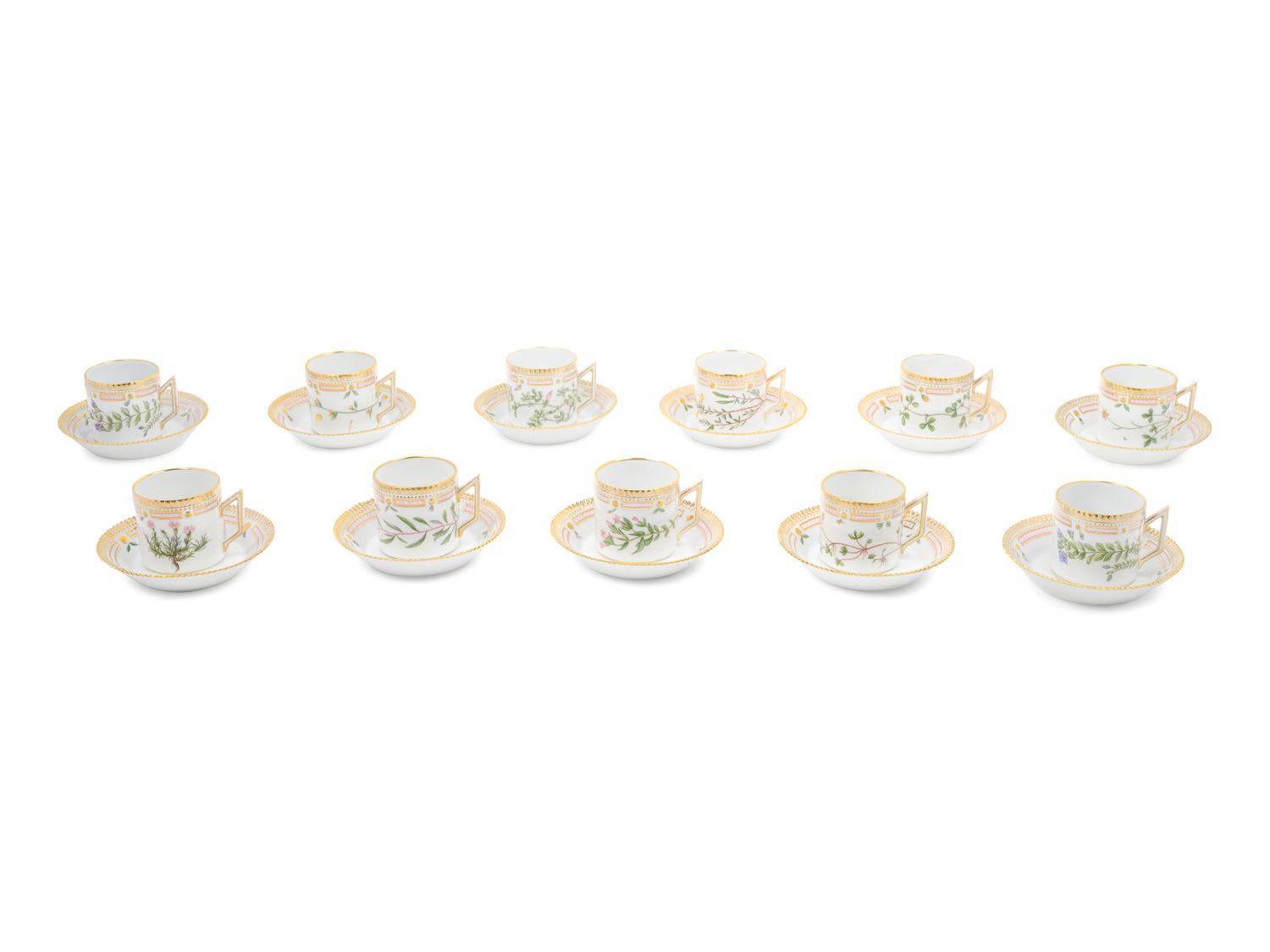 Eleven Royal Copenhagen Flora Danica Teacups and Saucers