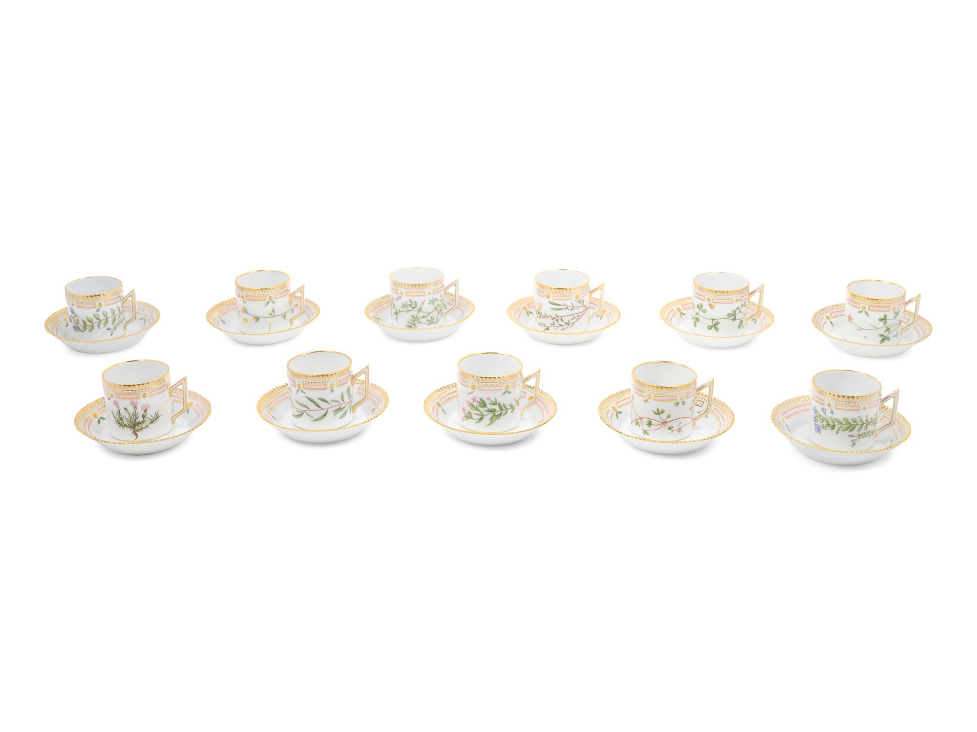 Eleven Royal Copenhagen Flora Danica Teacups and Saucers
